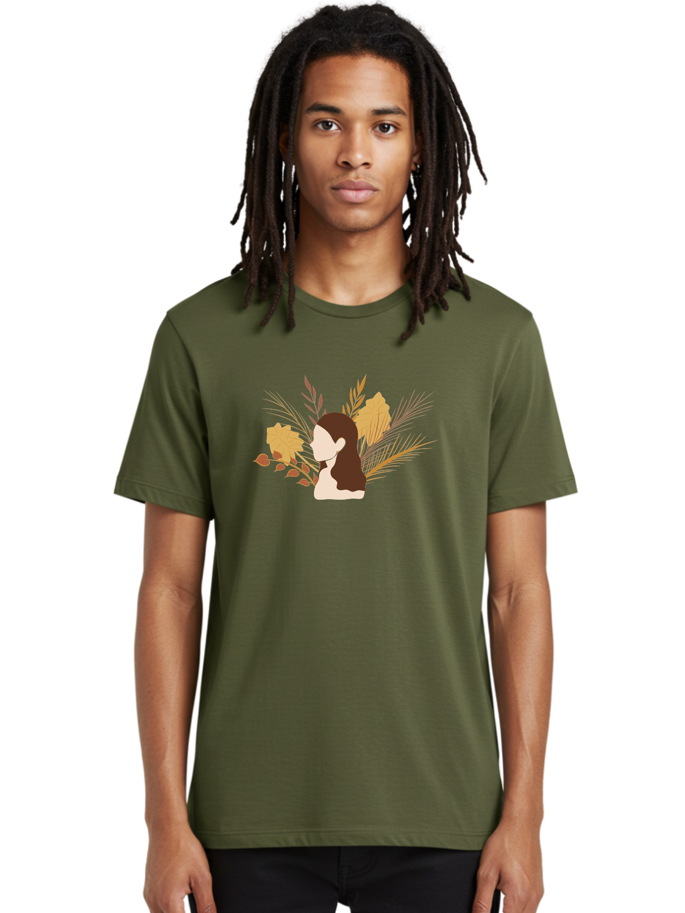 Woman-With-Leaves-2 Men'S Graphic Tee, 100% Cotton, Comfortable Casual Summer Wear, Machine Washable, Woman With Long Hair, Autumn Leaves, Fall Foliage, Nature-Inspired Design, Earthy Tones, Female Figure, Leaves Blowing, Serene Atmosphere, Aae077 8