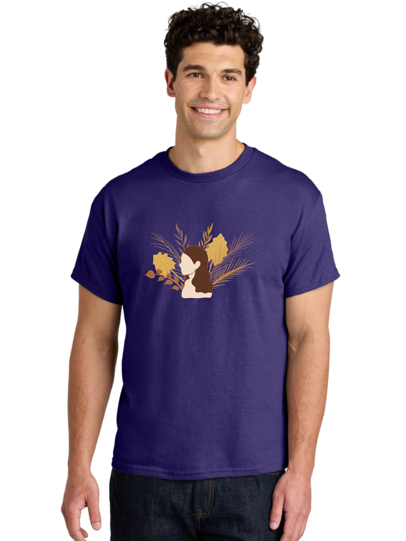 Woman-With-Leaves-2 Men'S Graphic Tee, 100% Cotton, Comfortable Casual Summer Wear, Machine Washable, Woman With Long Hair, Autumn Leaves, Fall Foliage, Nature-Inspired Design, Earthy Tones, Female Figure, Leaves Blowing, Serene Atmosphere, Aae077 16