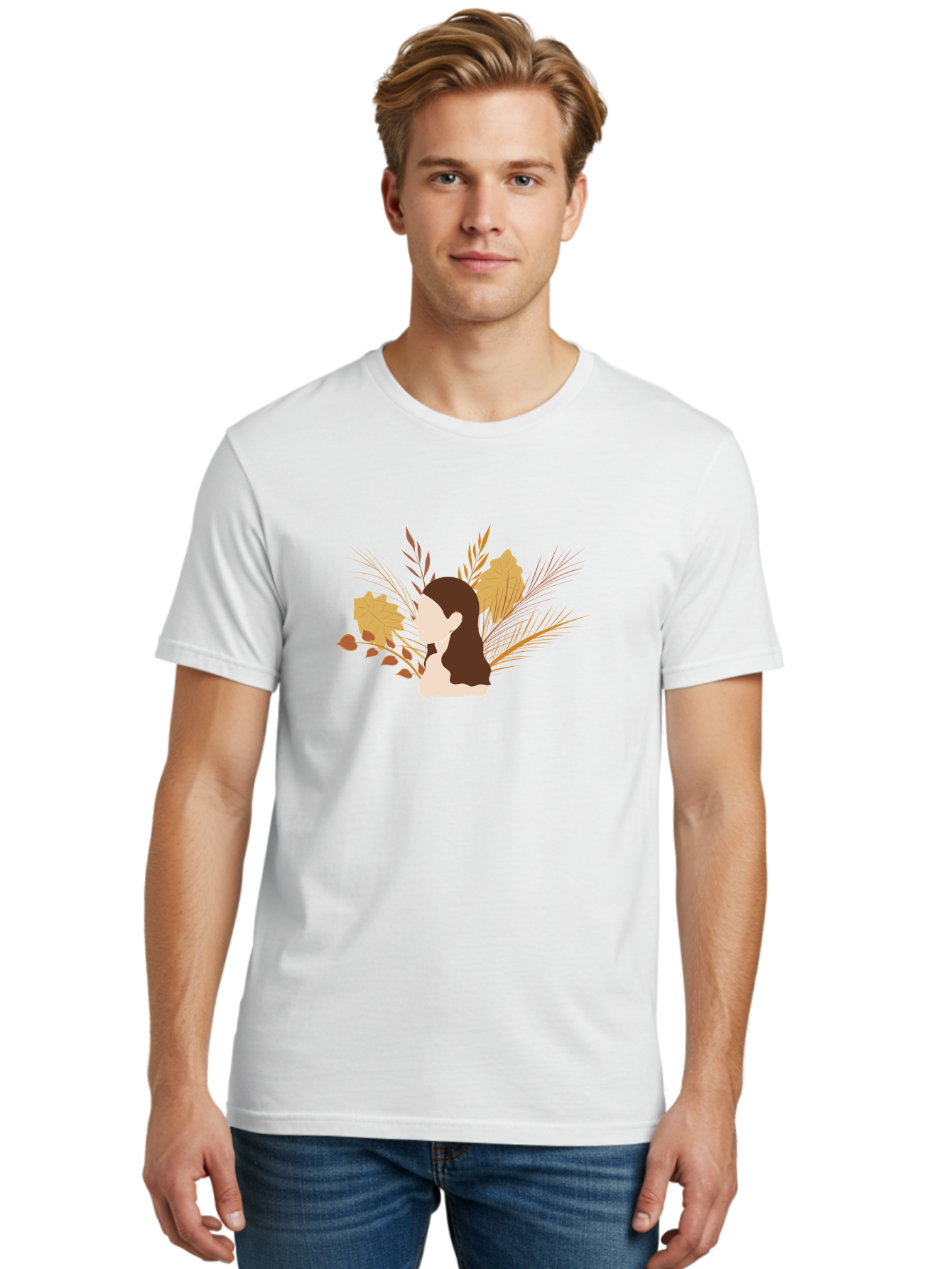 Woman-With-Leaves-2 Men'S Graphic Tee, 100% Cotton, Comfortable Casual Summer Wear, Machine Washable, Woman With Long Hair, Autumn Leaves, Fall Foliage, Nature-Inspired Design, Earthy Tones, Female Figure, Leaves Blowing, Serene Atmosphere, Aae077 22