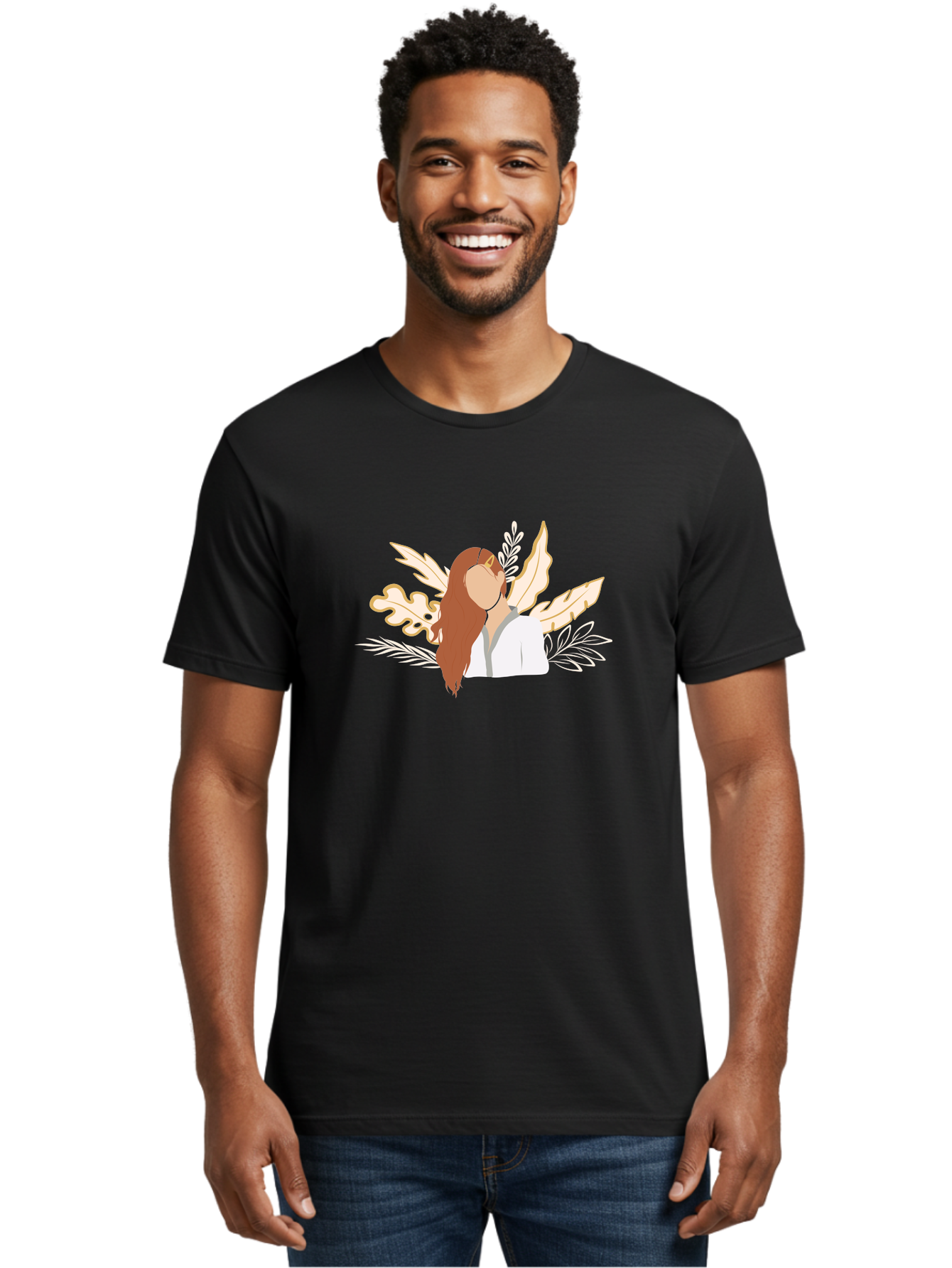 Woman-With-Leaves Men'S Graphic Tee, 100% Cotton, Comfortable Casual Summer Wear, Machine Washable, Woman With Long Hair, Leaves Surrounding Face, Minimalist Illustration, Simple Shapes, Natural Elements, Abstract Portrait, Modern Art, Aae078 24