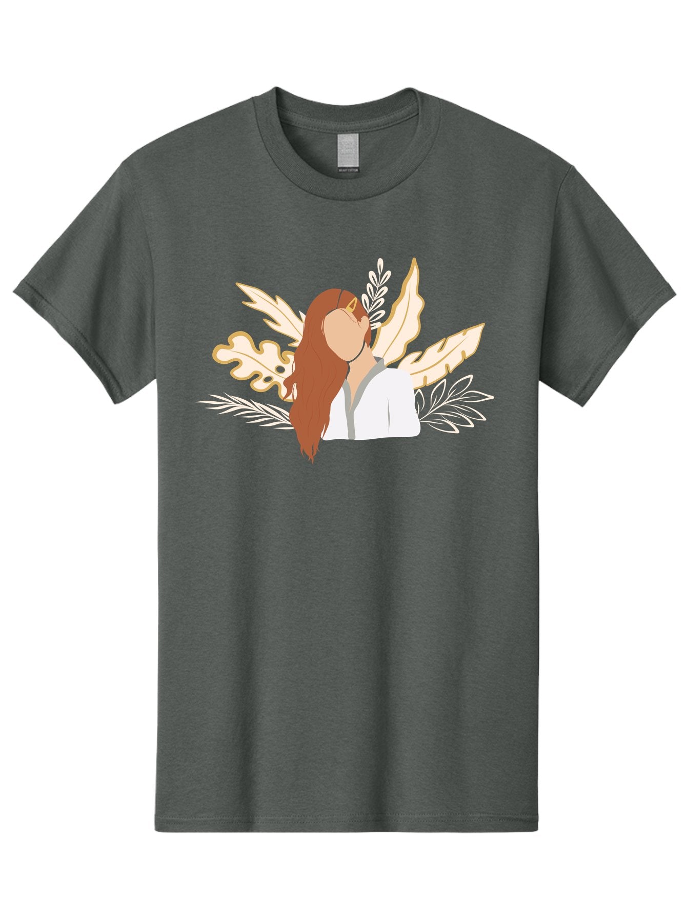 Woman-With-Leaves Men'S Graphic Tee, 100% Cotton, Comfortable Casual Summer Wear, Machine Washable, Woman With Long Hair, Leaves Surrounding Face, Minimalist Illustration, Simple Shapes, Natural Elements, Abstract Portrait, Modern Art, Aae078 3