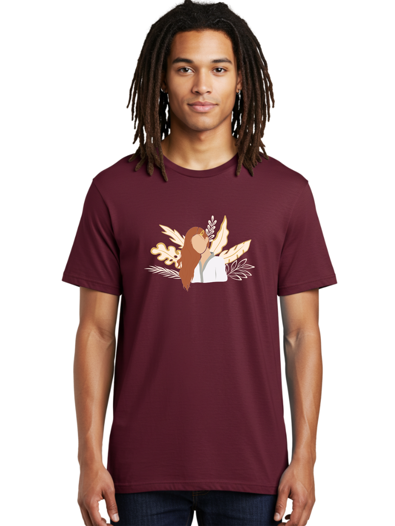 Woman-With-Leaves Men'S Graphic Tee, 100% Cotton, Comfortable Casual Summer Wear, Machine Washable, Woman With Long Hair, Leaves Surrounding Face, Minimalist Illustration, Simple Shapes, Natural Elements, Abstract Portrait, Modern Art, Aae078 20