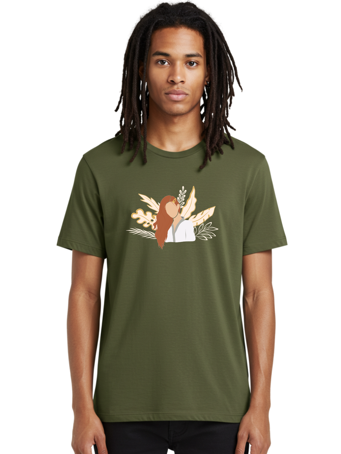 Woman-With-Leaves Men'S Graphic Tee, 100% Cotton, Comfortable Casual Summer Wear, Machine Washable, Woman With Long Hair, Leaves Surrounding Face, Minimalist Illustration, Simple Shapes, Natural Elements, Abstract Portrait, Modern Art, Aae078 22
