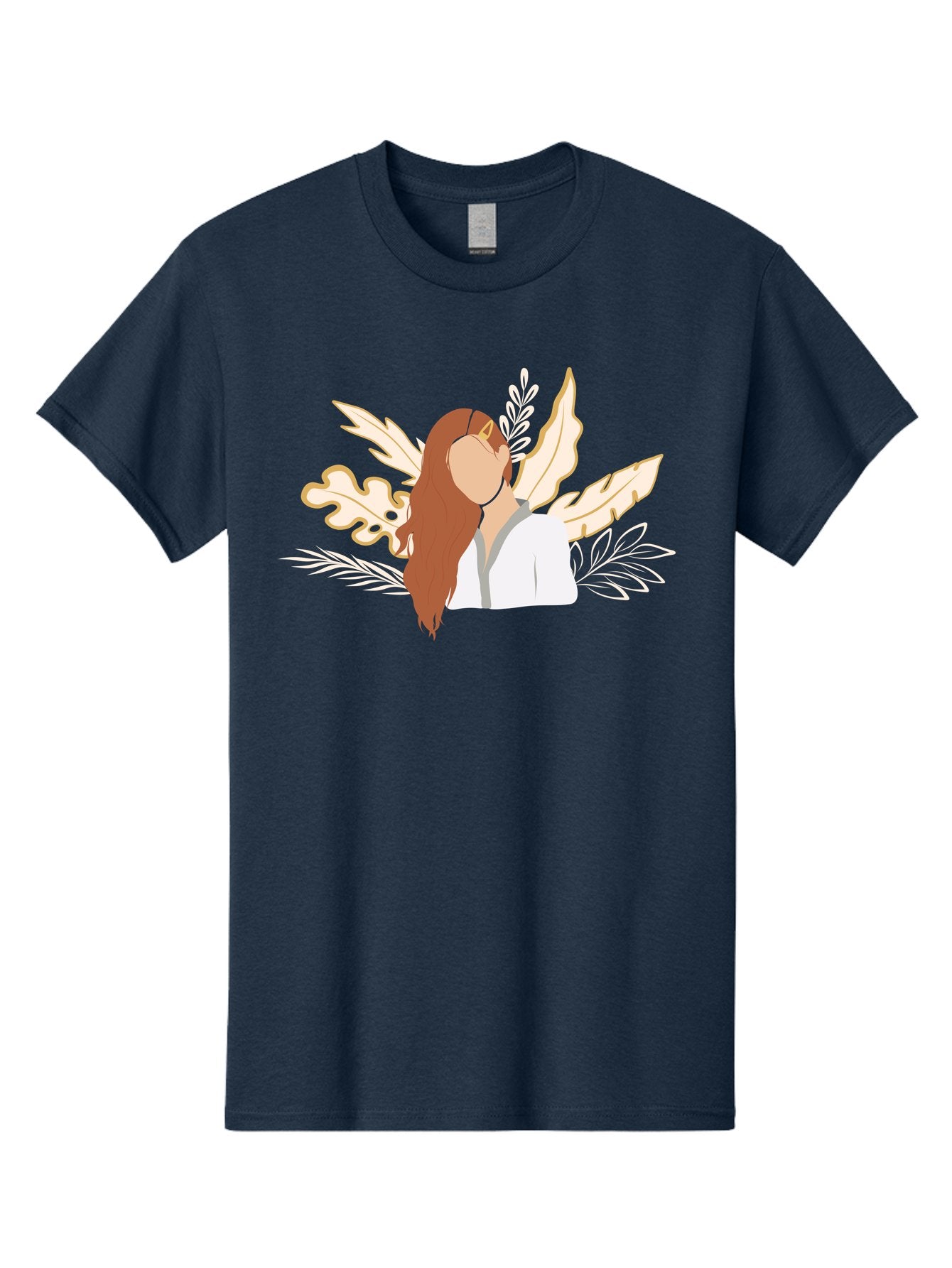 Woman-With-Leaves Men'S Graphic Tee, 100% Cotton, Comfortable Casual Summer Wear, Machine Washable, Woman With Long Hair, Leaves Surrounding Face, Minimalist Illustration, Simple Shapes, Natural Elements, Abstract Portrait, Modern Art, Aae078 6