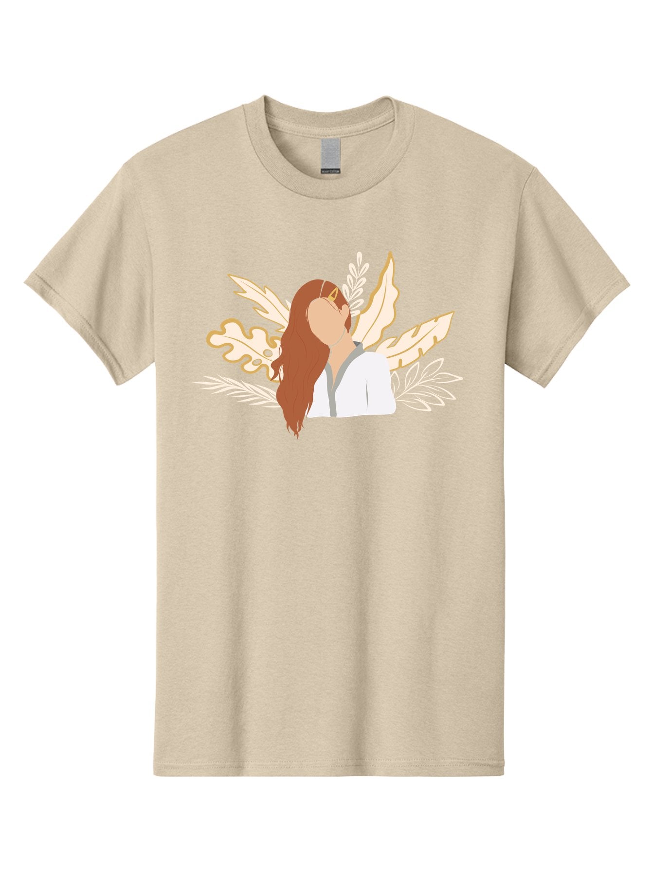 Woman-With-Leaves Men'S Graphic Tee, 100% Cotton, Comfortable Casual Summer Wear, Machine Washable, Woman With Long Hair, Leaves Surrounding Face, Minimalist Illustration, Simple Shapes, Natural Elements, Abstract Portrait, Modern Art, Aae078 7