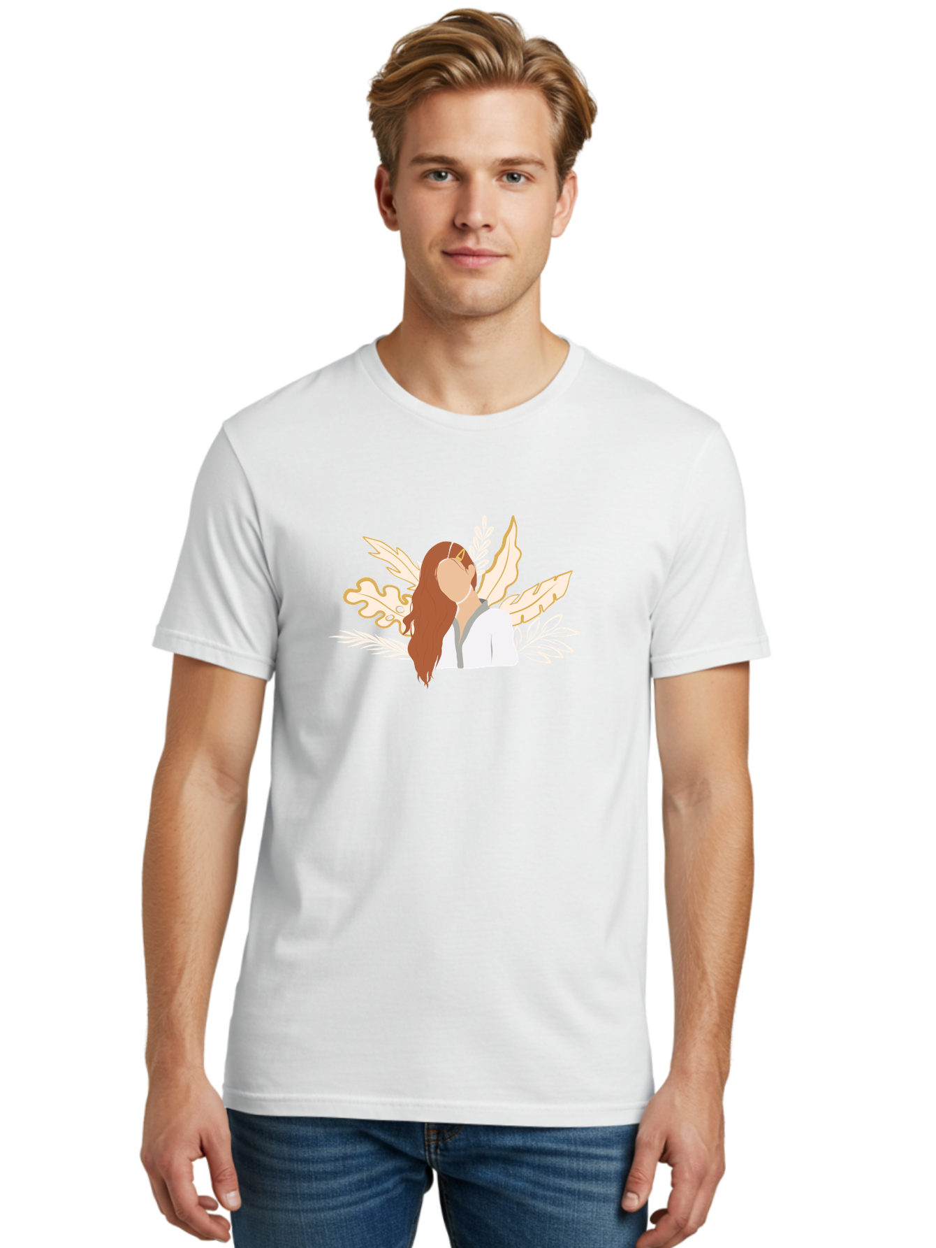 Woman-With-Leaves Men'S Graphic Tee, 100% Cotton, Comfortable Casual Summer Wear, Machine Washable, Woman With Long Hair, Leaves Surrounding Face, Minimalist Illustration, Simple Shapes, Natural Elements, Abstract Portrait, Modern Art, Aae078
