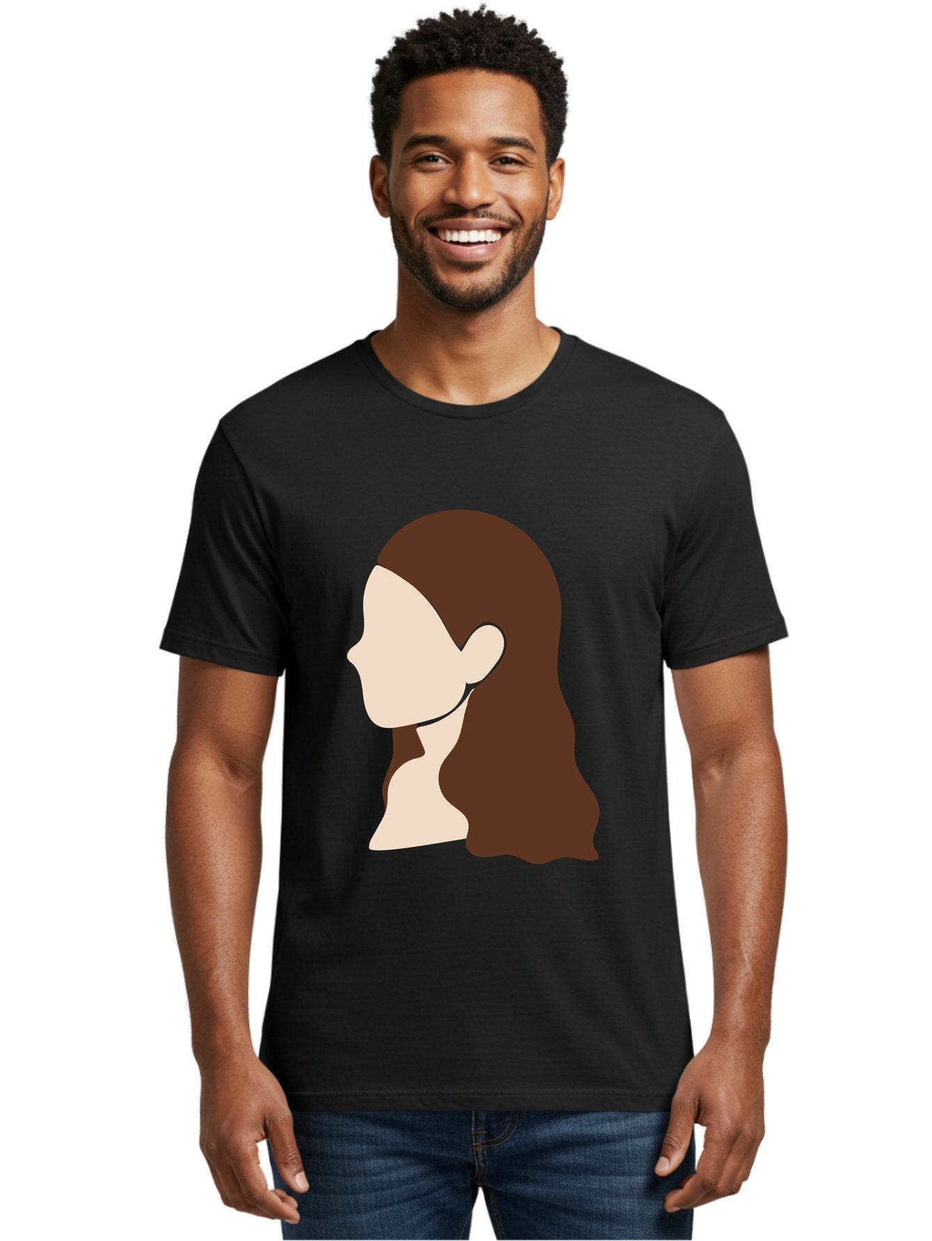 Woman-With-Long-Hair-1 Men'S Graphic Tee, 100% Cotton, Comfortable Casual Summer Wear, Machine Washable, Female Profile, Long Brown Hair, Minimalist Illustration, Simple Graphics, Profile View, Elegant Hairstyle, Digital Art, Aae079 17