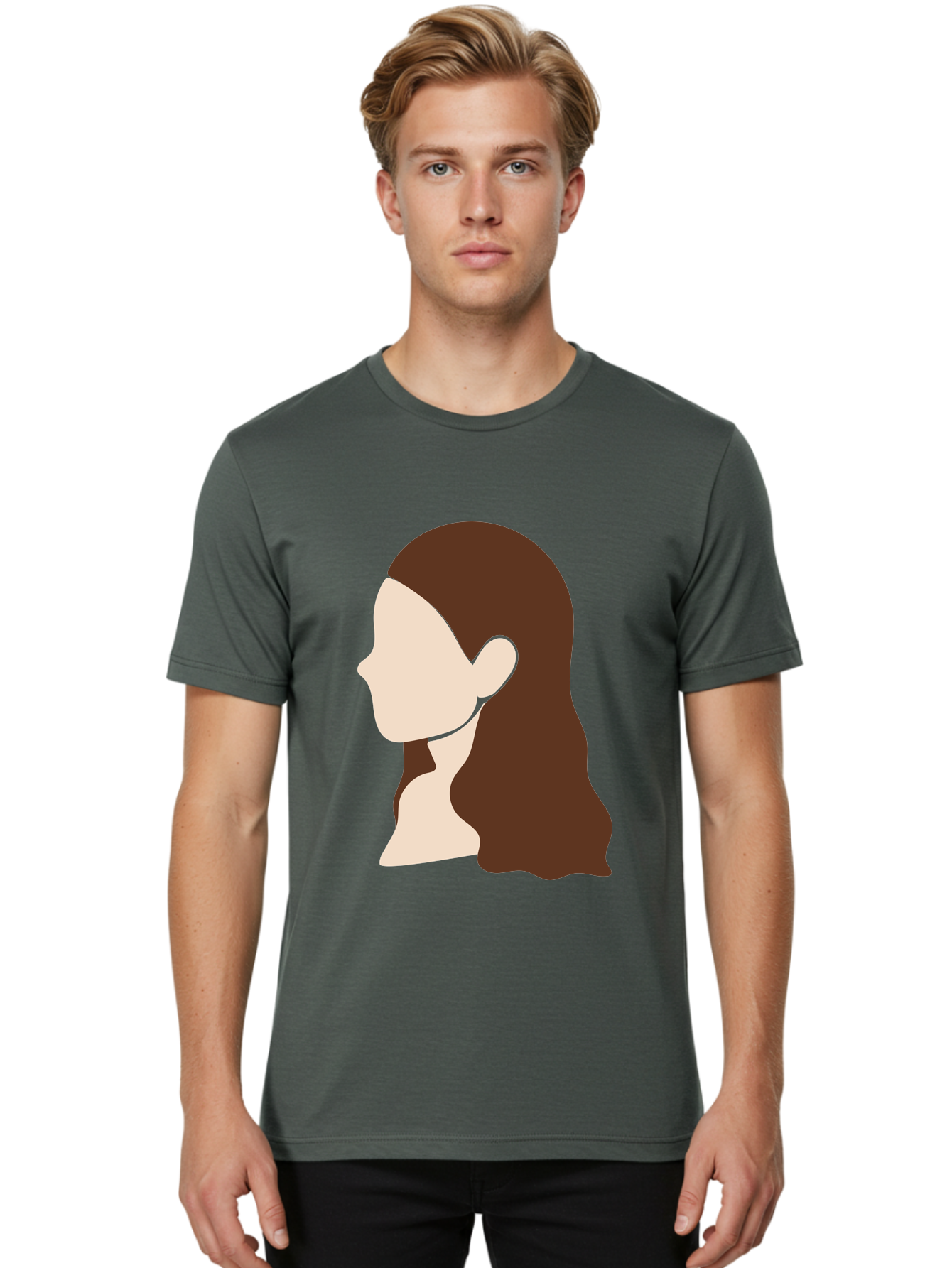 Woman-With-Long-Hair-1 Men'S Graphic Tee, 100% Cotton, Comfortable Casual Summer Wear, Machine Washable, Female Profile, Long Brown Hair, Minimalist Illustration, Simple Graphics, Profile View, Elegant Hairstyle, Digital Art, Aae079
