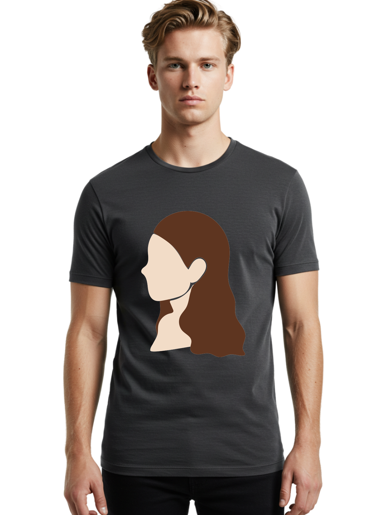 Woman-With-Long-Hair-1 Men'S Graphic Tee, 100% Cotton, Comfortable Casual Summer Wear, Machine Washable, Female Profile, Long Brown Hair, Minimalist Illustration, Simple Graphics, Profile View, Elegant Hairstyle, Digital Art, Aae079 4
