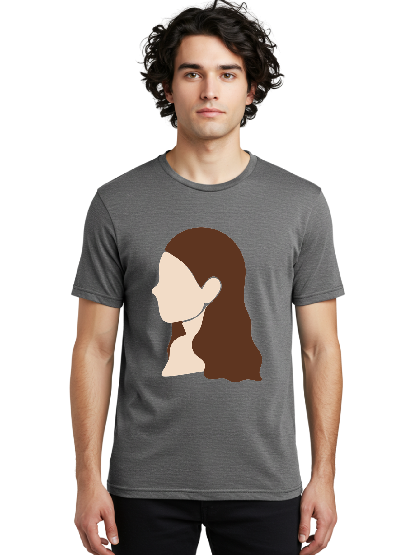 Woman-With-Long-Hair-1 Men'S Graphic Tee, 100% Cotton, Comfortable Casual Summer Wear, Machine Washable, Female Profile, Long Brown Hair, Minimalist Illustration, Simple Graphics, Profile View, Elegant Hairstyle, Digital Art, Aae079 18