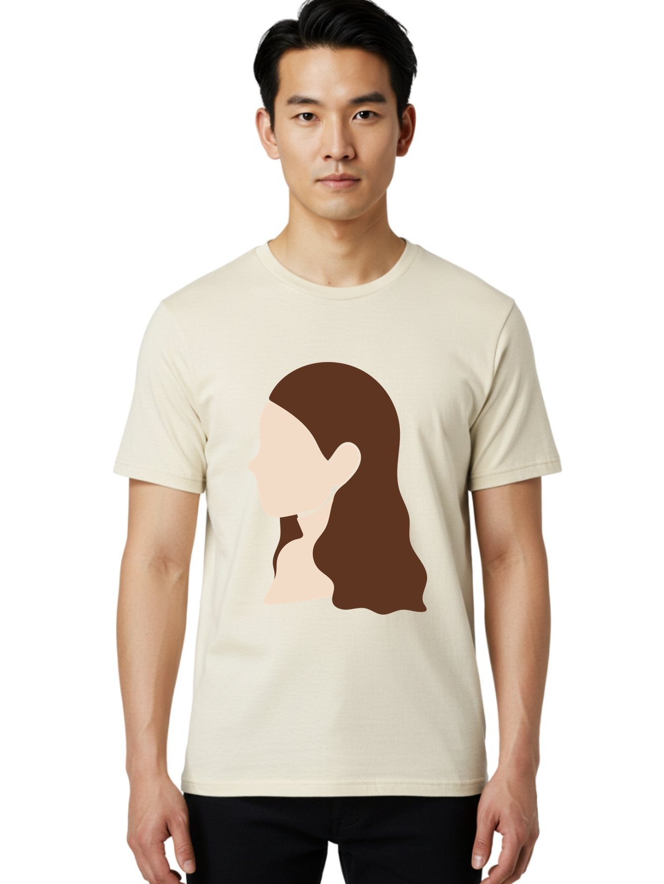 Woman-With-Long-Hair-1 Men'S Graphic Tee, 100% Cotton, Comfortable Casual Summer Wear, Machine Washable, Female Profile, Long Brown Hair, Minimalist Illustration, Simple Graphics, Profile View, Elegant Hairstyle, Digital Art, Aae079 20