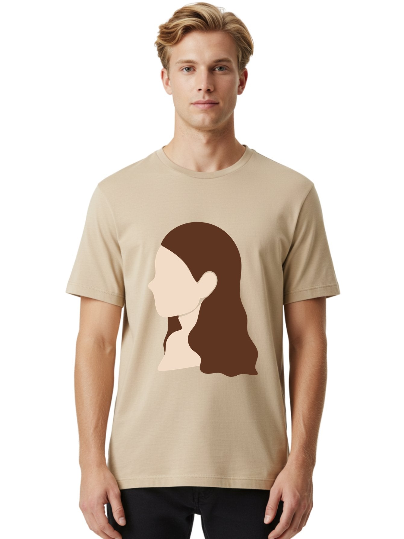Woman-With-Long-Hair-1 Men'S Graphic Tee, 100% Cotton, Comfortable Casual Summer Wear, Machine Washable, Female Profile, Long Brown Hair, Minimalist Illustration, Simple Graphics, Profile View, Elegant Hairstyle, Digital Art, Aae079 25
