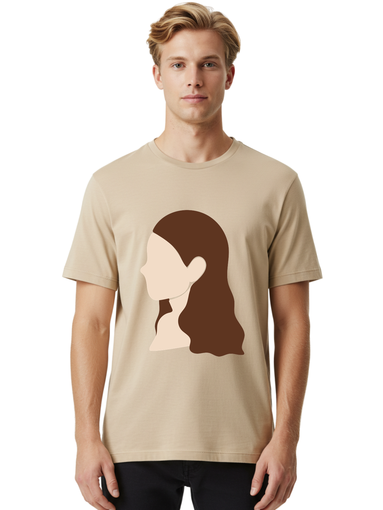 Woman-With-Long-Hair-1 Men'S Graphic Tee, 100% Cotton, Comfortable Casual Summer Wear, Machine Washable, Female Profile, Long Brown Hair, Minimalist Illustration, Simple Graphics, Profile View, Elegant Hairstyle, Digital Art, Aae079 12