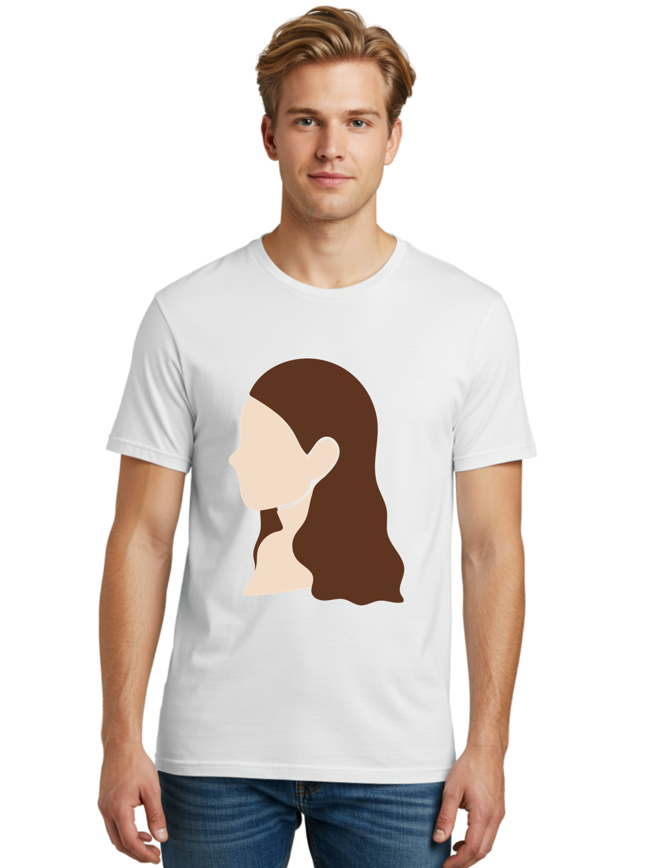 Woman-With-Long-Hair-1 Men'S Graphic Tee, 100% Cotton, Comfortable Casual Summer Wear, Machine Washable, Female Profile, Long Brown Hair, Minimalist Illustration, Simple Graphics, Profile View, Elegant Hairstyle, Digital Art, Aae079 6