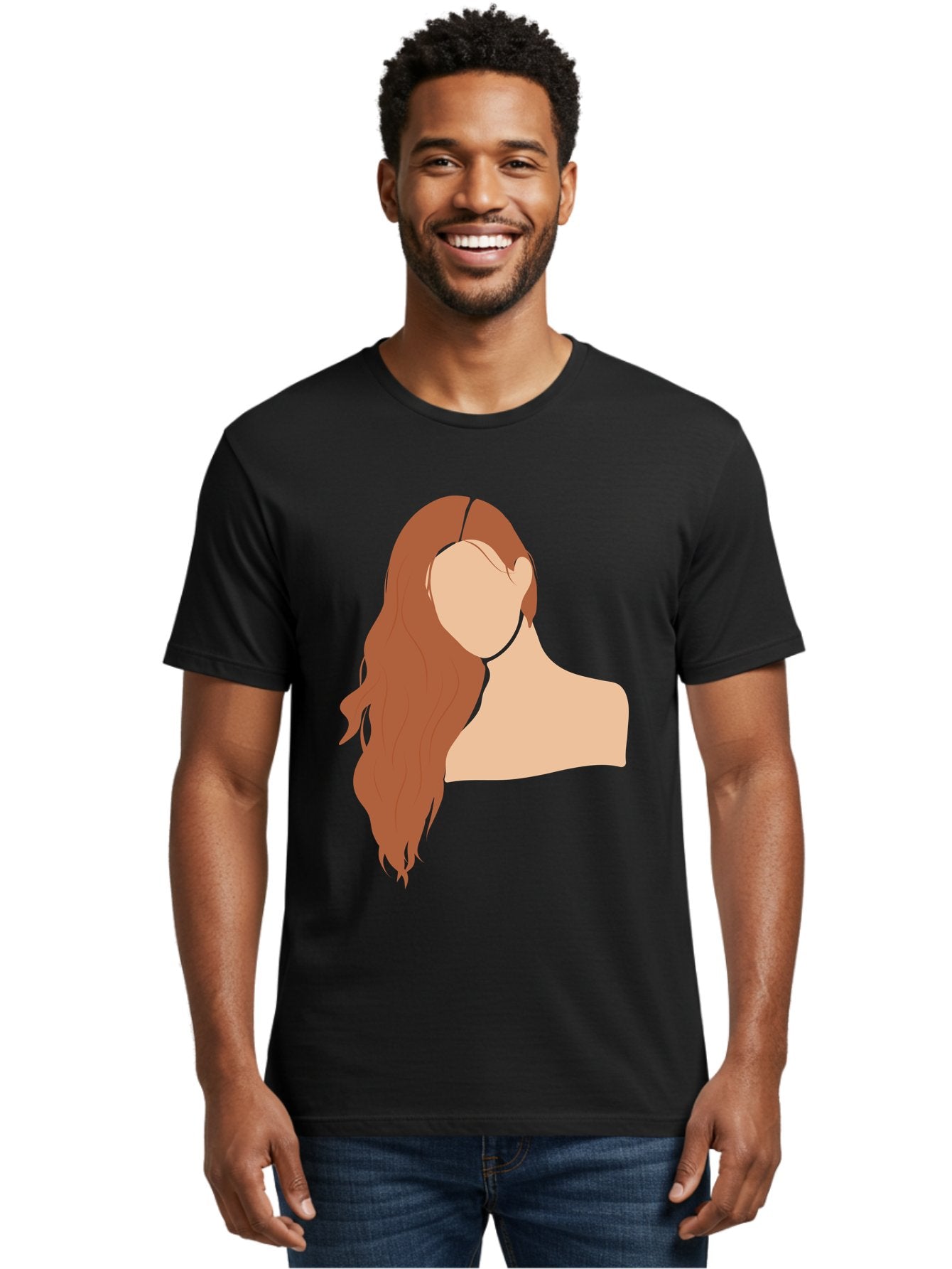 Woman-With-Long-Hair Men'S Graphic Tee, 100% Cotton, Comfortable Casual Summer Wear, Machine Washable, Woman With Long Hair, Red Hair, Shoulder-Length Locks, Faceless Portrait, Minimalist Art, Simple Shapes, Elegant Hairstyle, Aae081 19