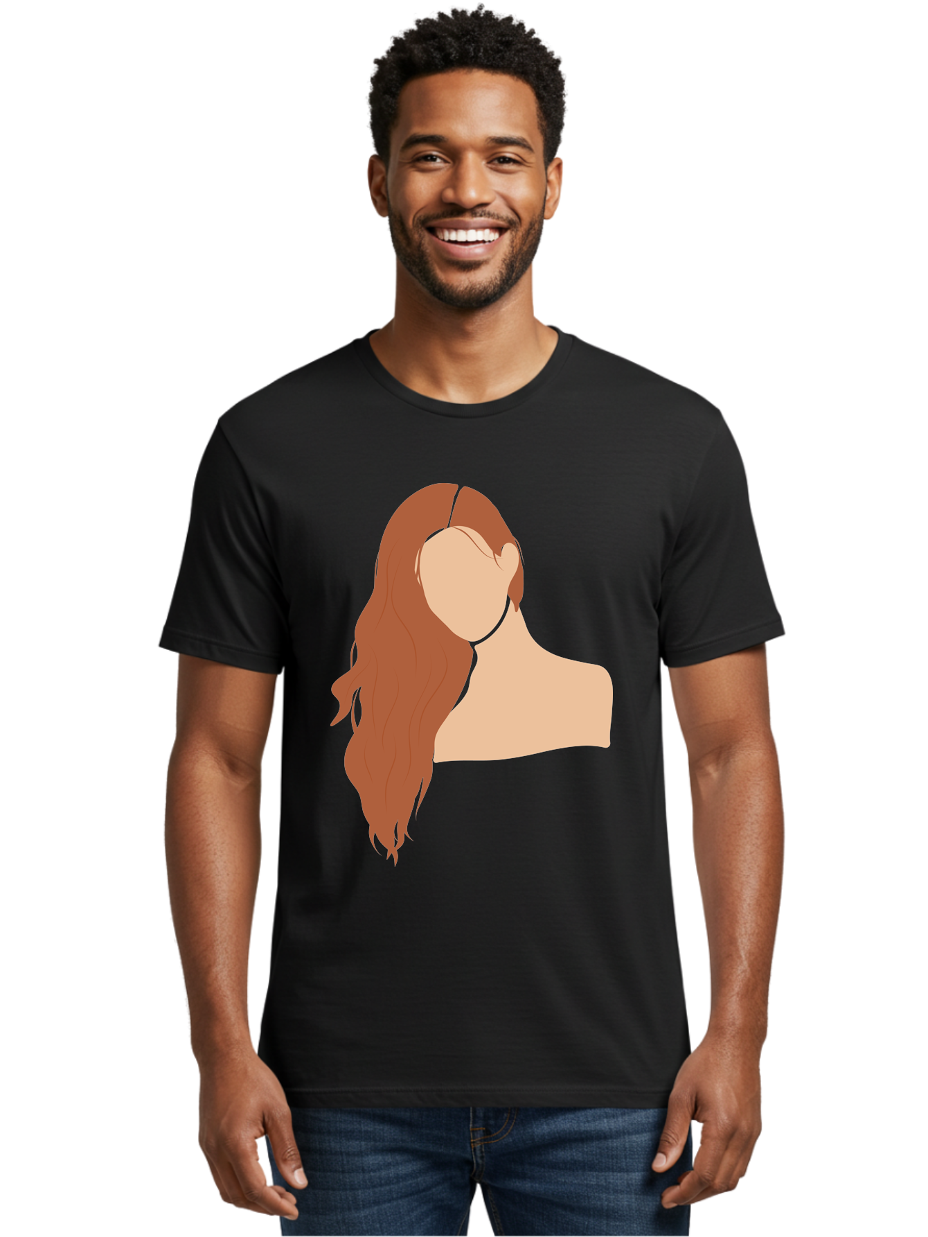 Woman-With-Long-Hair Men'S Graphic Tee, 100% Cotton, Comfortable Casual Summer Wear, Machine Washable, Woman With Long Hair, Red Hair, Shoulder-Length Locks, Faceless Portrait, Minimalist Art, Simple Shapes, Elegant Hairstyle, Aae081 22