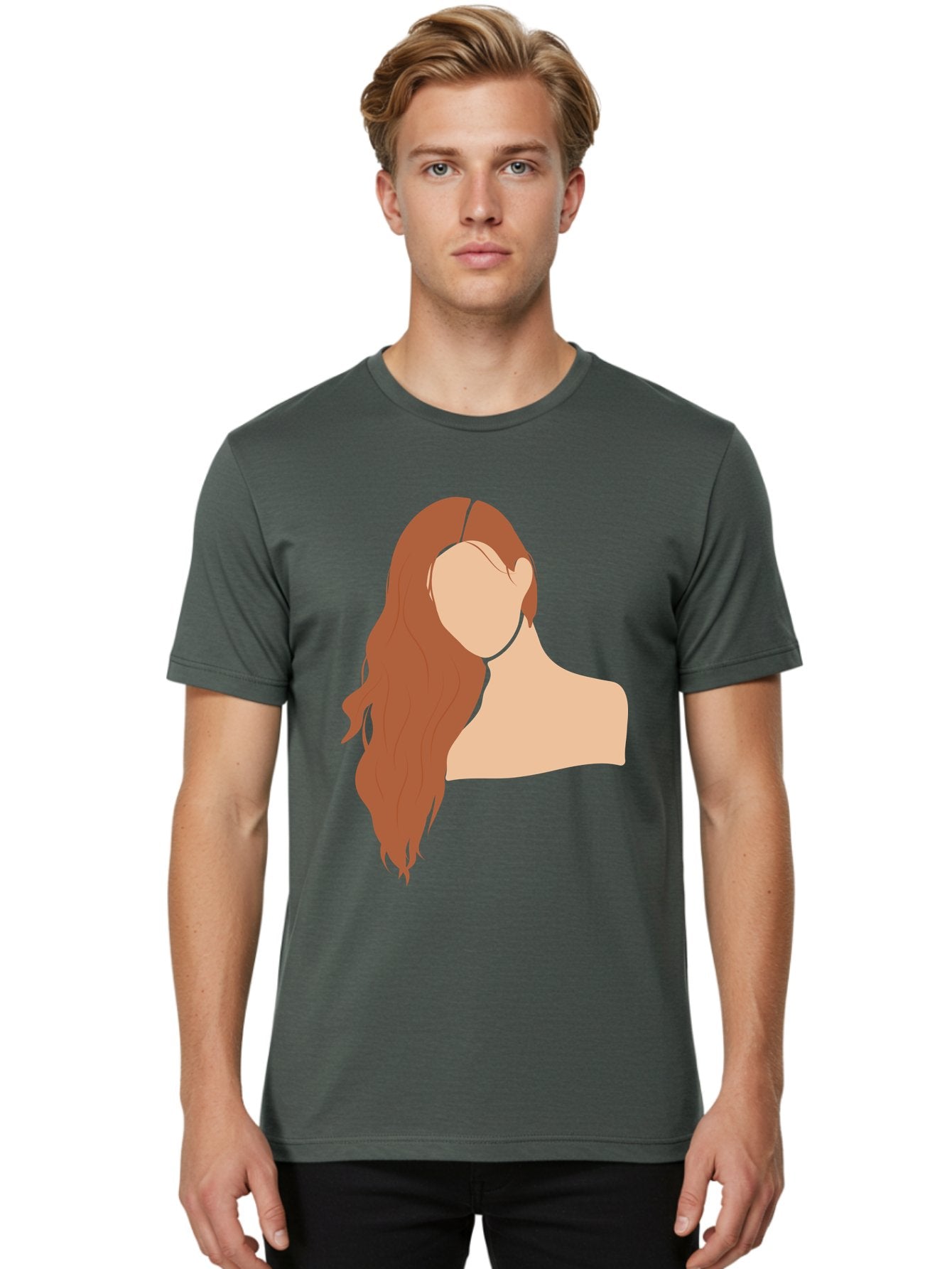 Woman-With-Long-Hair Men'S Graphic Tee, 100% Cotton, Comfortable Casual Summer Wear, Machine Washable, Woman With Long Hair, Red Hair, Shoulder-Length Locks, Faceless Portrait, Minimalist Art, Simple Shapes, Elegant Hairstyle, Aae081 28