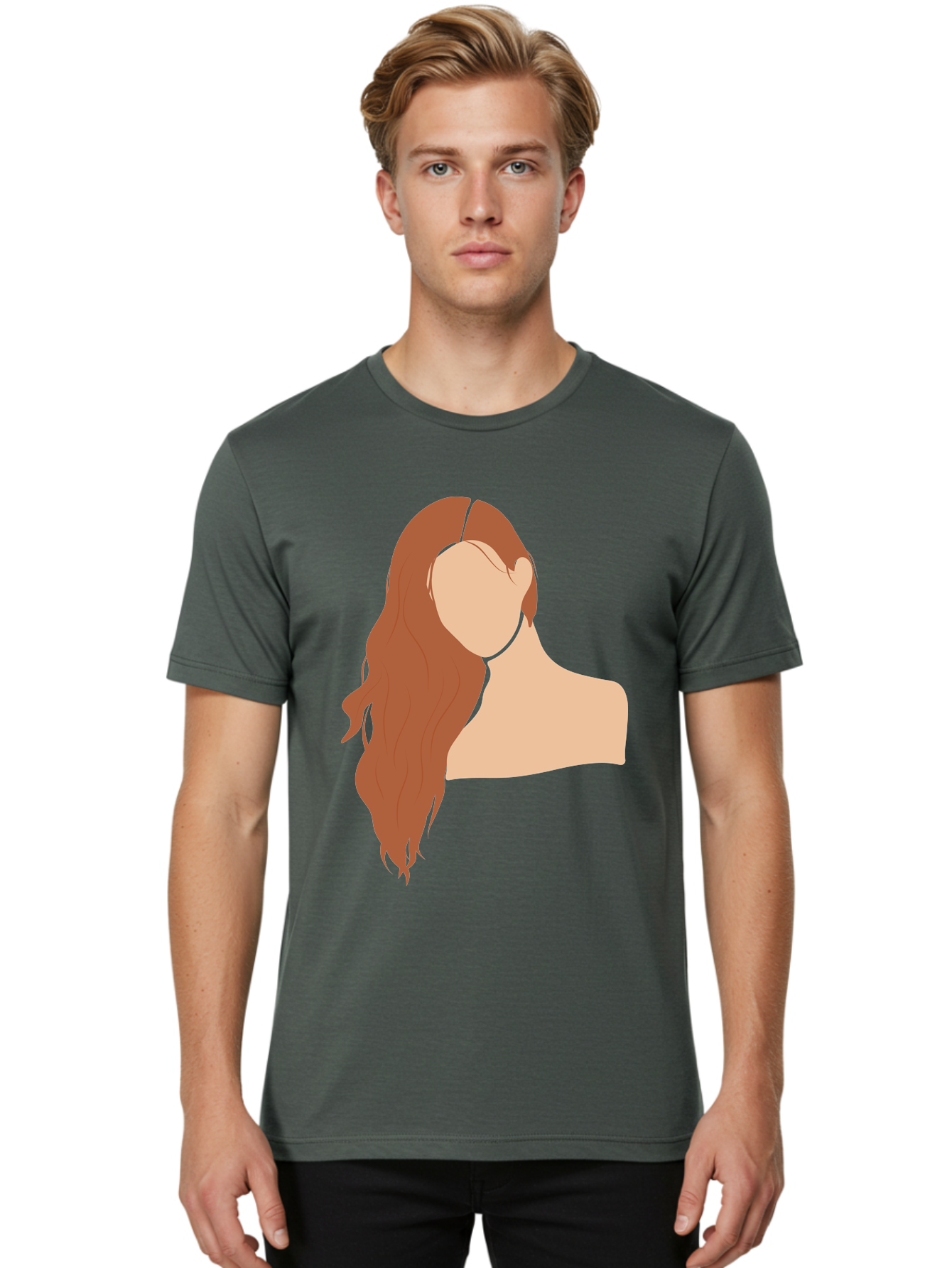 Woman-With-Long-Hair Men'S Graphic Tee, 100% Cotton, Comfortable Casual Summer Wear, Machine Washable, Woman With Long Hair, Red Hair, Shoulder-Length Locks, Faceless Portrait, Minimalist Art, Simple Shapes, Elegant Hairstyle, Aae081 6
