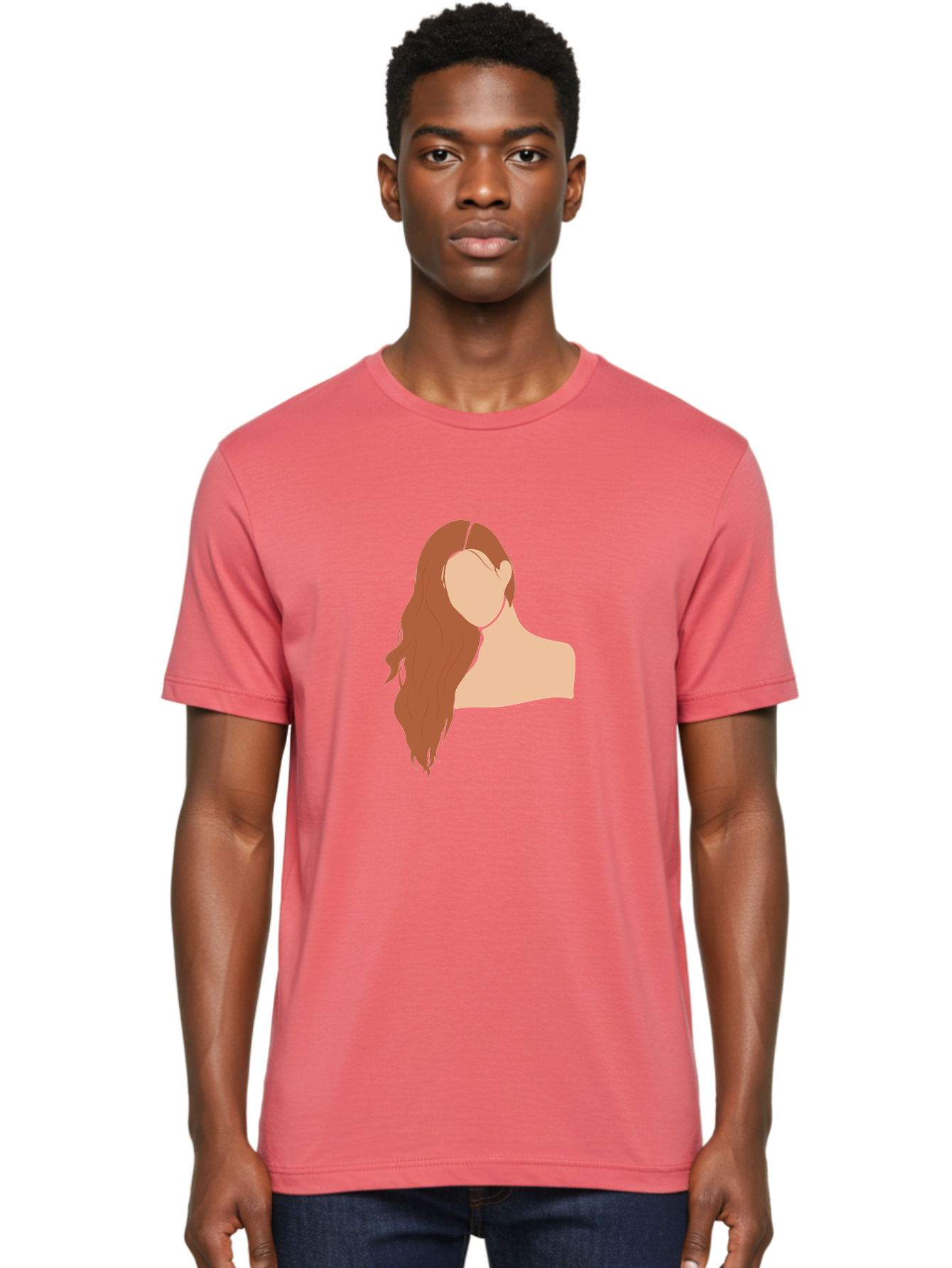 Woman-With-Long-Hair Men'S Graphic Tee, 100% Cotton, Comfortable Casual Summer Wear, Machine Washable, Woman With Long Hair, Red Hair, Shoulder-Length Locks, Faceless Portrait, Minimalist Art, Simple Shapes, Elegant Hairstyle, Aae081 18