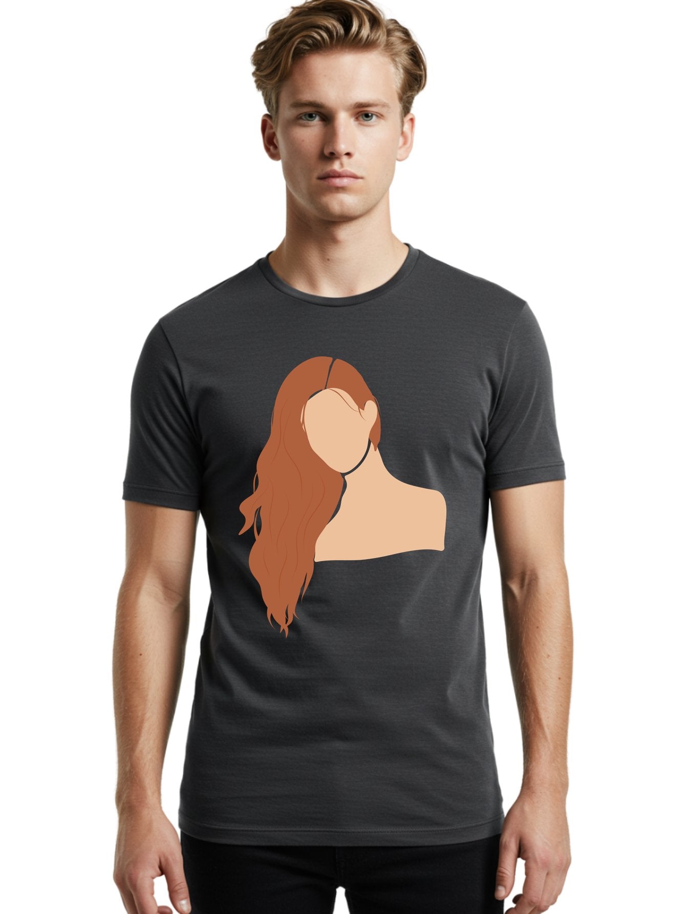 Woman-With-Long-Hair Men'S Graphic Tee, 100% Cotton, Comfortable Casual Summer Wear, Machine Washable, Woman With Long Hair, Red Hair, Shoulder-Length Locks, Faceless Portrait, Minimalist Art, Simple Shapes, Elegant Hairstyle, Aae081 16