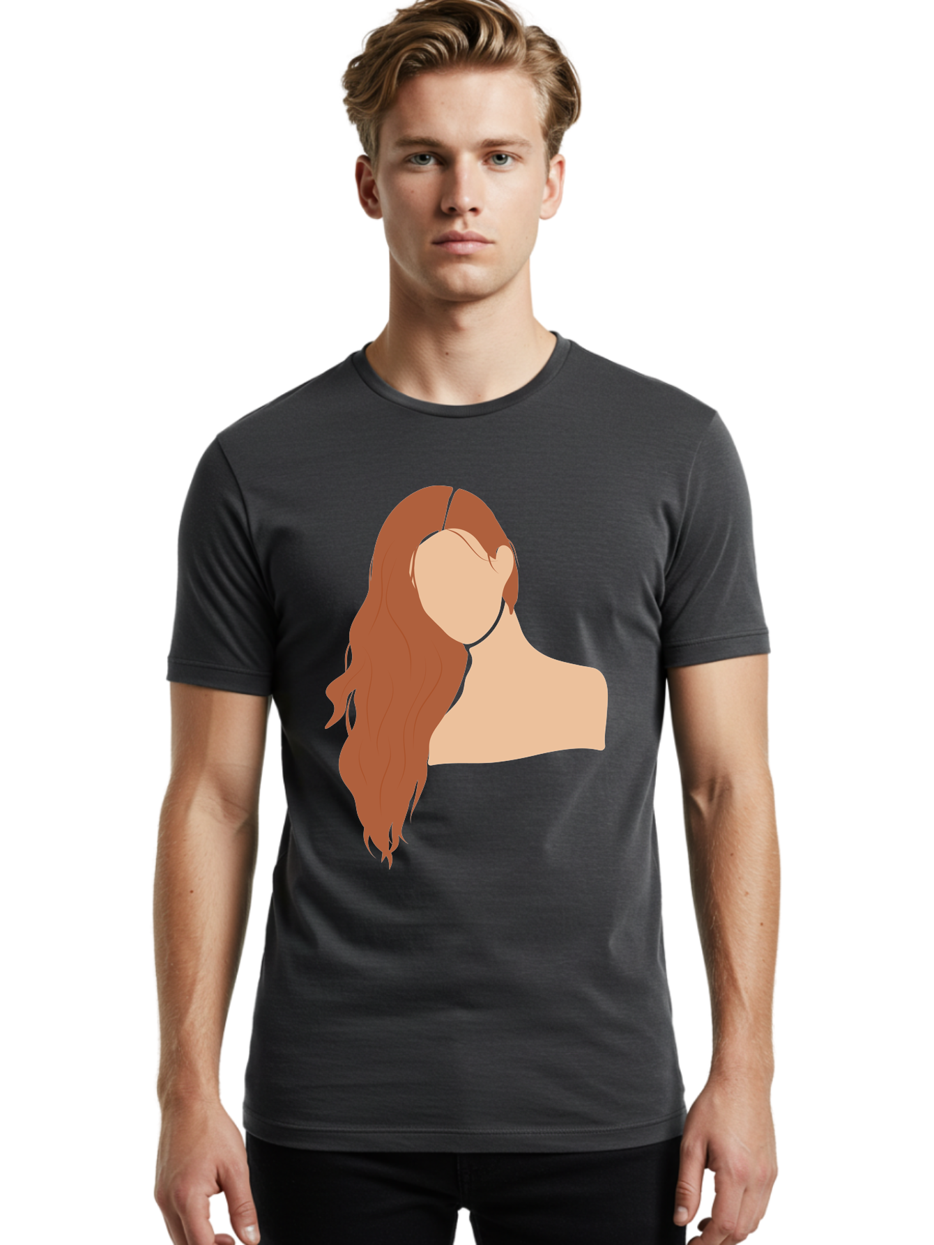 Woman-With-Long-Hair Men'S Graphic Tee, 100% Cotton, Comfortable Casual Summer Wear, Machine Washable, Woman With Long Hair, Red Hair, Shoulder-Length Locks, Faceless Portrait, Minimalist Art, Simple Shapes, Elegant Hairstyle, Aae081 26
