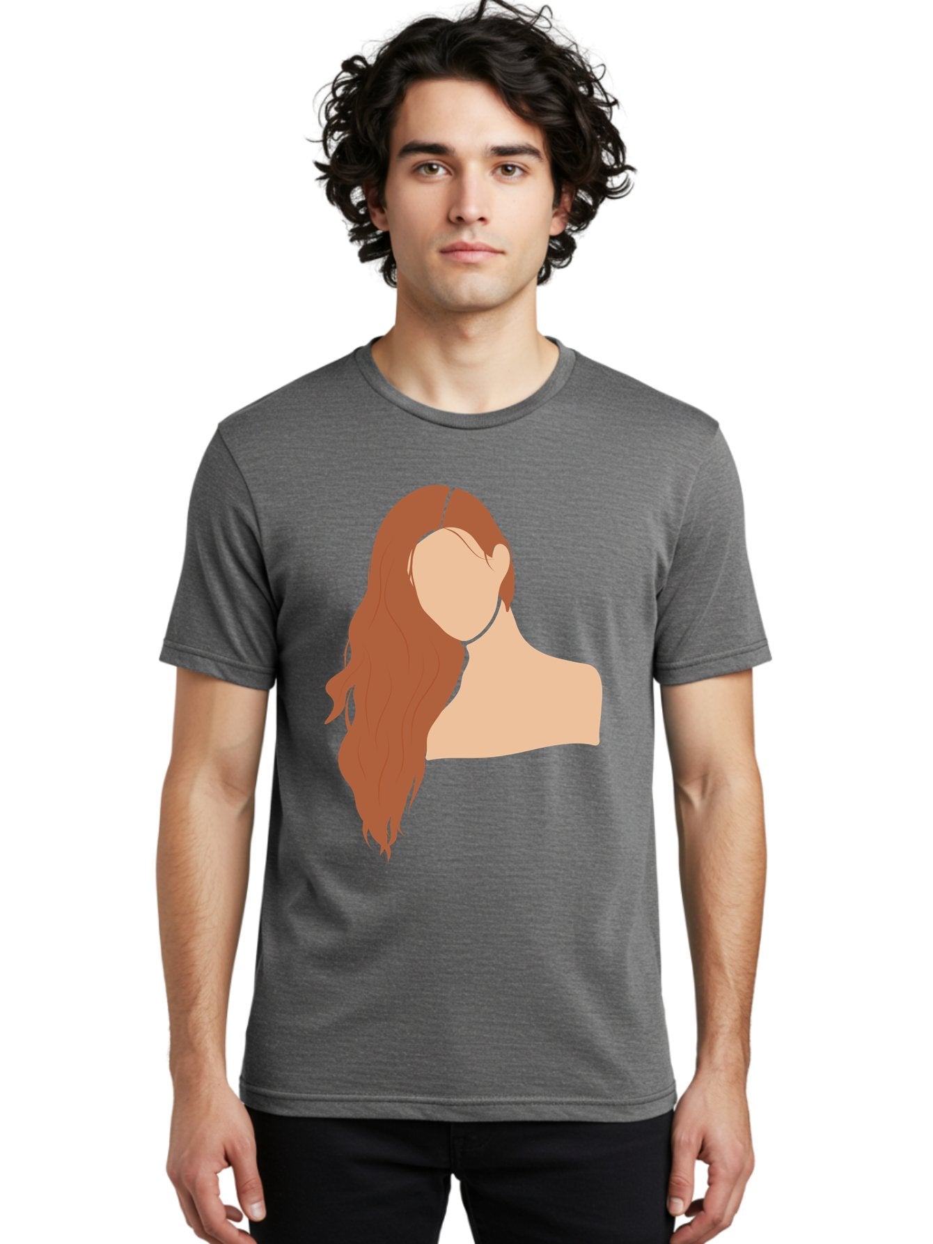 Woman-With-Long-Hair Men'S Graphic Tee, 100% Cotton, Comfortable Casual Summer Wear, Machine Washable, Woman With Long Hair, Red Hair, Shoulder-Length Locks, Faceless Portrait, Minimalist Art, Simple Shapes, Elegant Hairstyle, Aae081 29