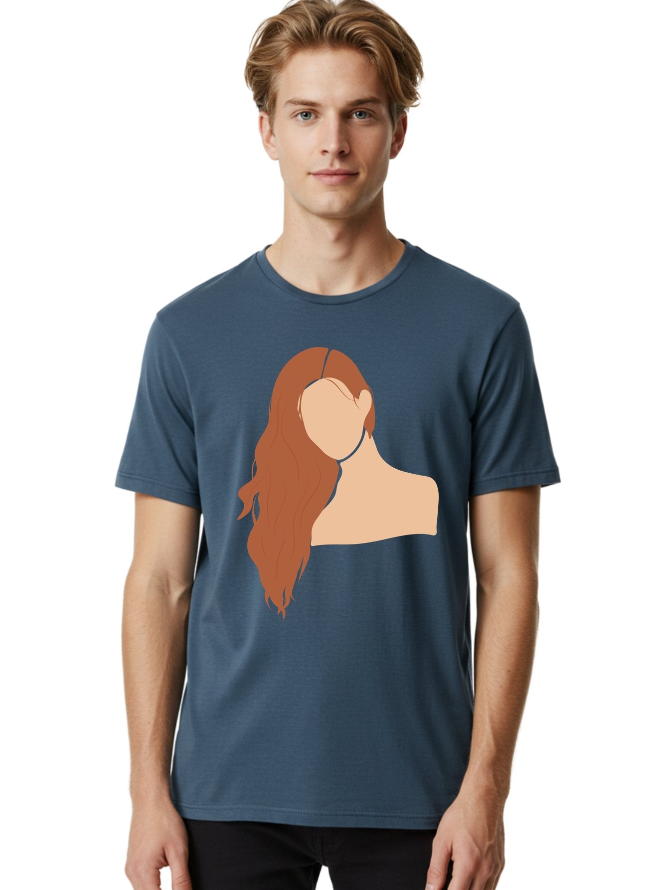 Woman-With-Long-Hair Men'S Graphic Tee, 100% Cotton, Comfortable Casual Summer Wear, Machine Washable, Woman With Long Hair, Red Hair, Shoulder-Length Locks, Faceless Portrait, Minimalist Art, Simple Shapes, Elegant Hairstyle, Aae081 27