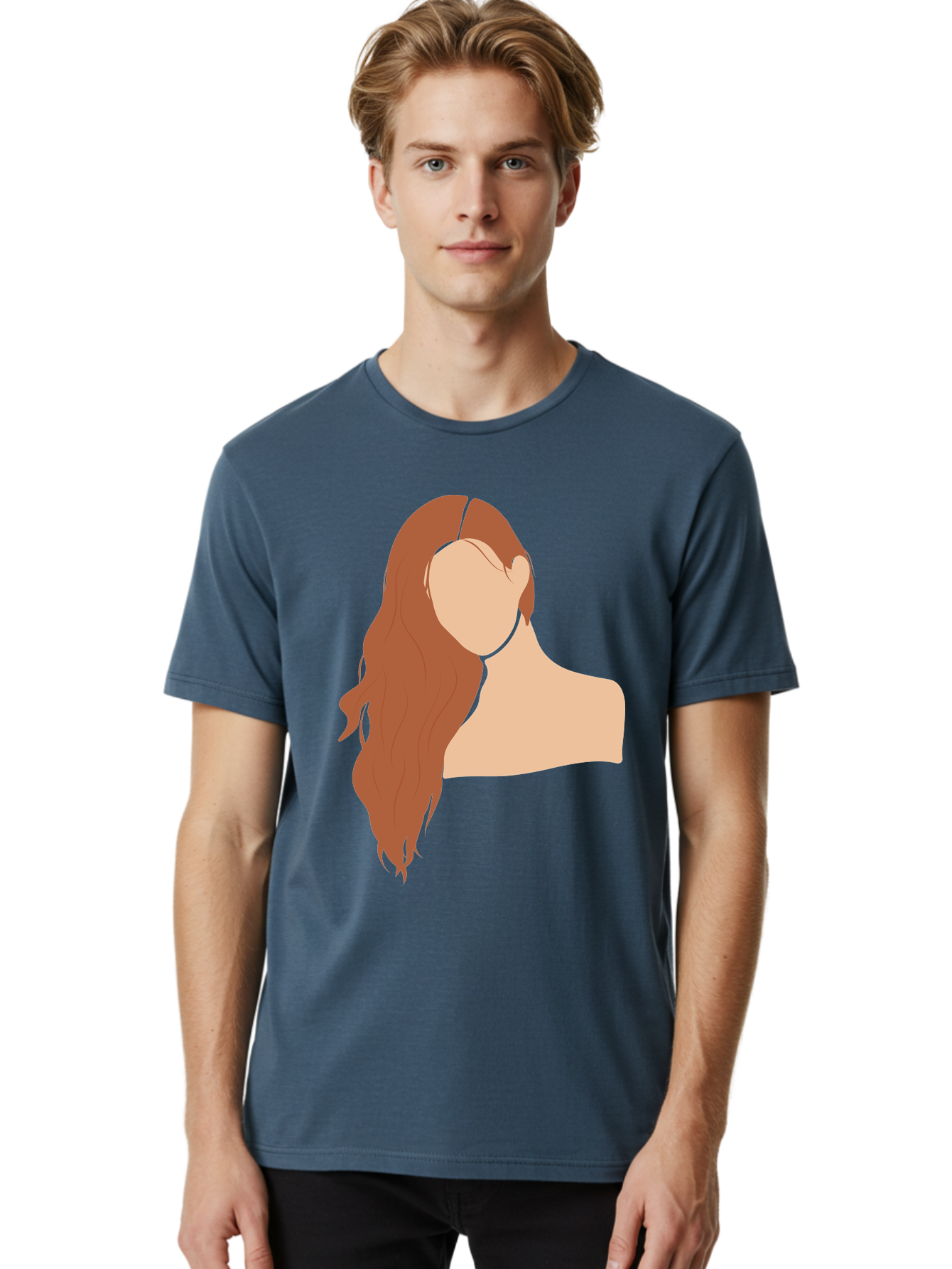 Woman-With-Long-Hair Men'S Graphic Tee, 100% Cotton, Comfortable Casual Summer Wear, Machine Washable, Woman With Long Hair, Red Hair, Shoulder-Length Locks, Faceless Portrait, Minimalist Art, Simple Shapes, Elegant Hairstyle, Aae081 8