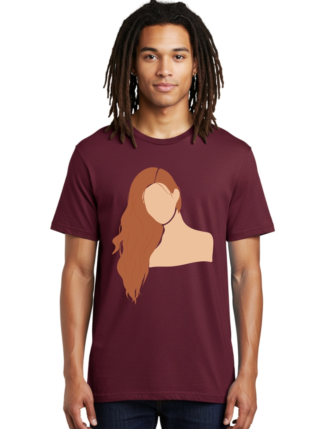 Woman-With-Long-Hair Men'S Graphic Tee, 100% Cotton, Comfortable Casual Summer Wear, Machine Washable, Woman With Long Hair, Red Hair, Shoulder-Length Locks, Faceless Portrait, Minimalist Art, Simple Shapes, Elegant Hairstyle, Aae081 26