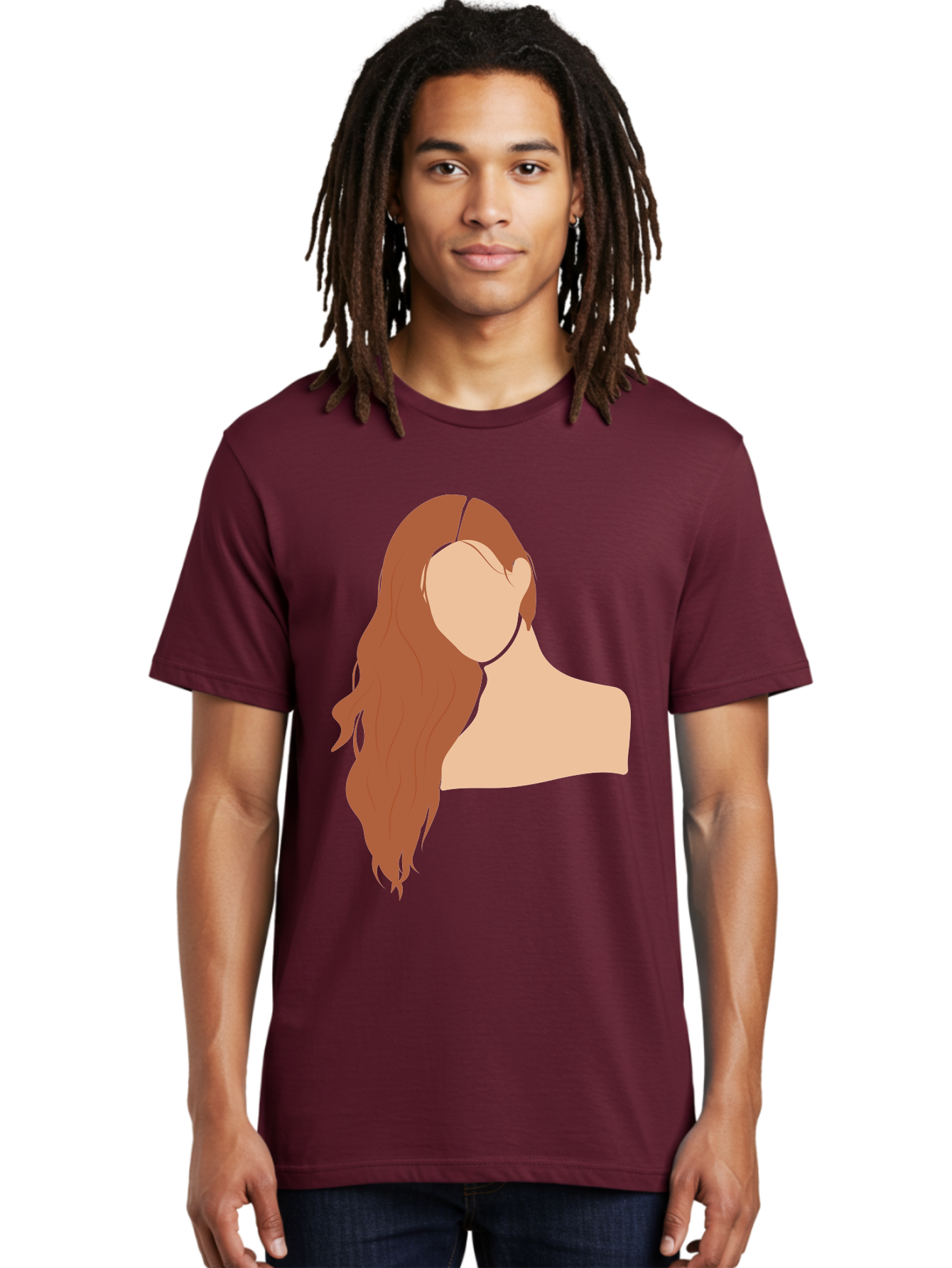 Woman-With-Long-Hair Men'S Graphic Tee, 100% Cotton, Comfortable Casual Summer Wear, Machine Washable, Woman With Long Hair, Red Hair, Shoulder-Length Locks, Faceless Portrait, Minimalist Art, Simple Shapes, Elegant Hairstyle, Aae081 10