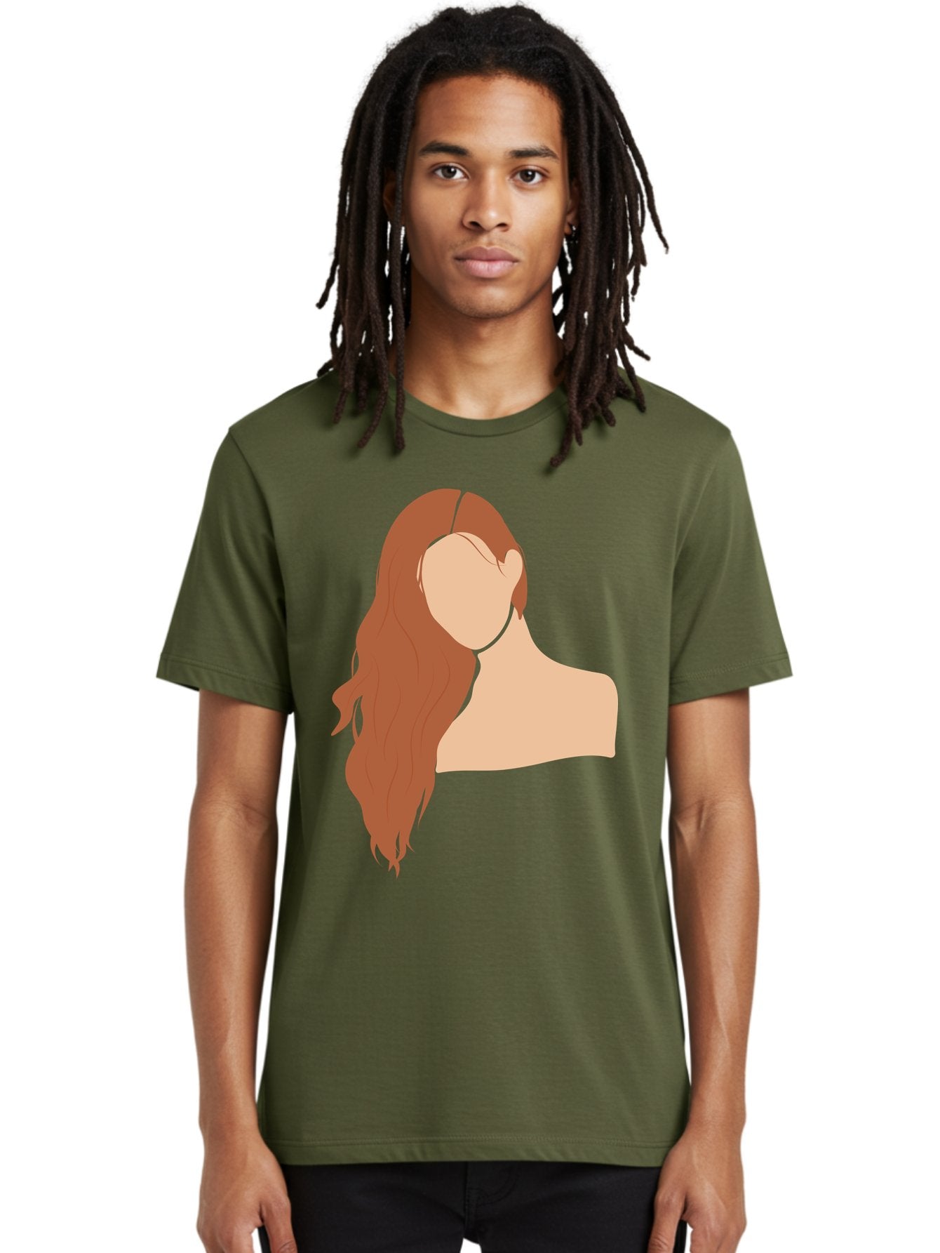 Woman-With-Long-Hair Men'S Graphic Tee, 100% Cotton, Comfortable Casual Summer Wear, Machine Washable, Woman With Long Hair, Red Hair, Shoulder-Length Locks, Faceless Portrait, Minimalist Art, Simple Shapes, Elegant Hairstyle, Aae081 24