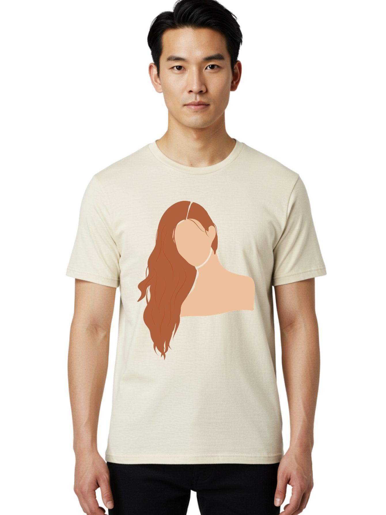 Woman-With-Long-Hair Men'S Graphic Tee, 100% Cotton, Comfortable Casual Summer Wear, Machine Washable, Woman With Long Hair, Red Hair, Shoulder-Length Locks, Faceless Portrait, Minimalist Art, Simple Shapes, Elegant Hairstyle, Aae081 20