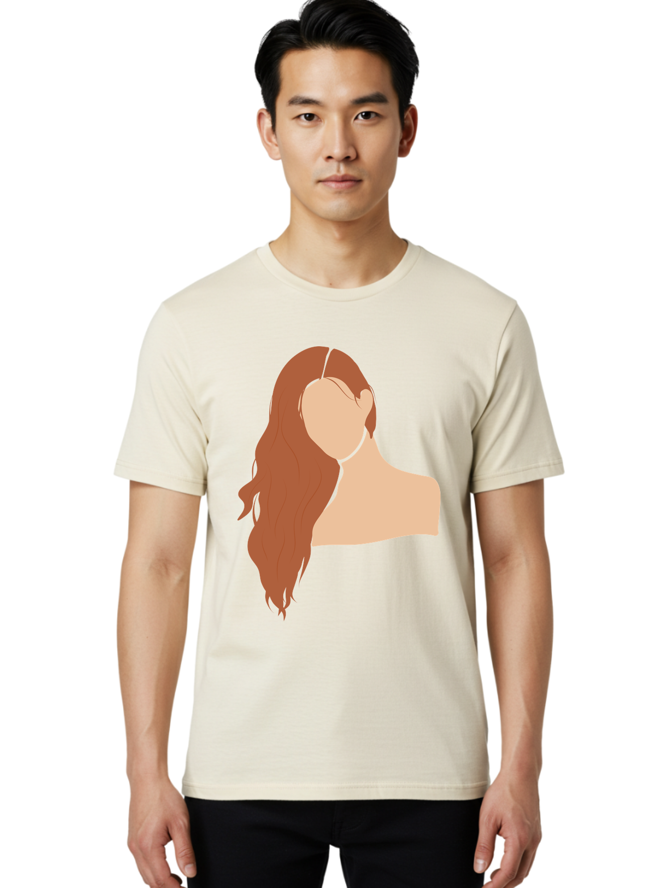 Woman-With-Long-Hair Men'S Graphic Tee, 100% Cotton, Comfortable Casual Summer Wear, Machine Washable, Woman With Long Hair, Red Hair, Shoulder-Length Locks, Faceless Portrait, Minimalist Art, Simple Shapes, Elegant Hairstyle, Aae081 30