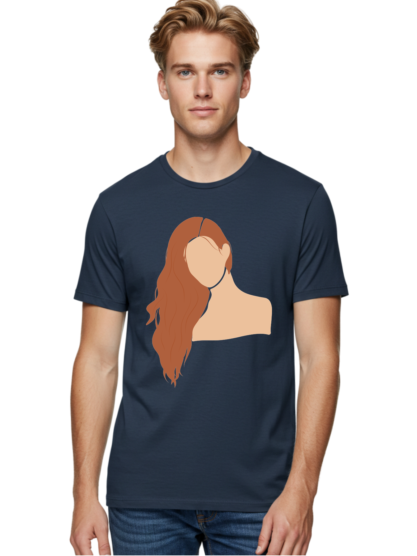 Woman-With-Long-Hair Men'S Graphic Tee, 100% Cotton, Comfortable Casual Summer Wear, Machine Washable, Woman With Long Hair, Red Hair, Shoulder-Length Locks, Faceless Portrait, Minimalist Art, Simple Shapes, Elegant Hairstyle, Aae081 16