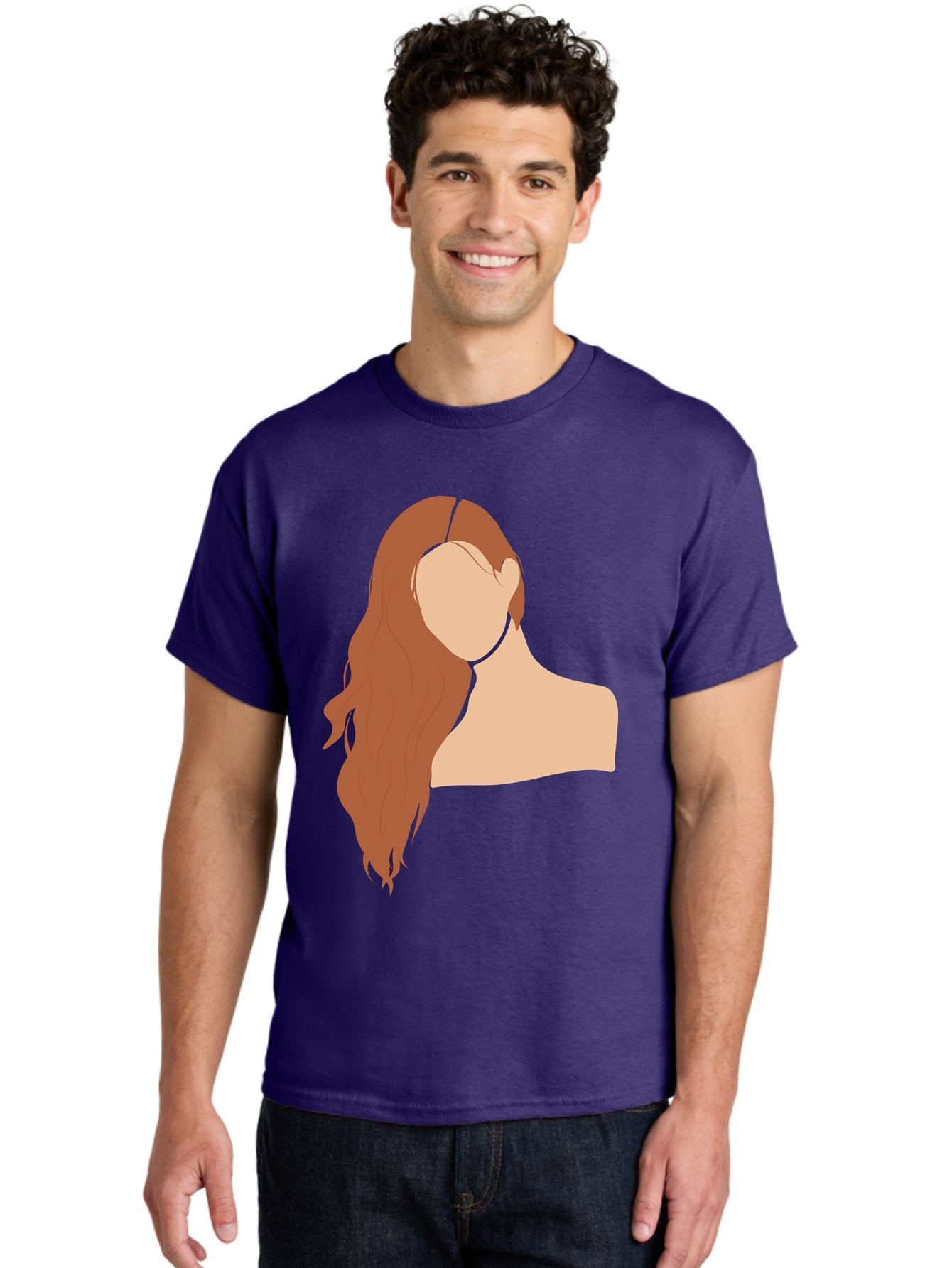 Woman-With-Long-Hair Men'S Graphic Tee, 100% Cotton, Comfortable Casual Summer Wear, Machine Washable, Woman With Long Hair, Red Hair, Shoulder-Length Locks, Faceless Portrait, Minimalist Art, Simple Shapes, Elegant Hairstyle, Aae081 25