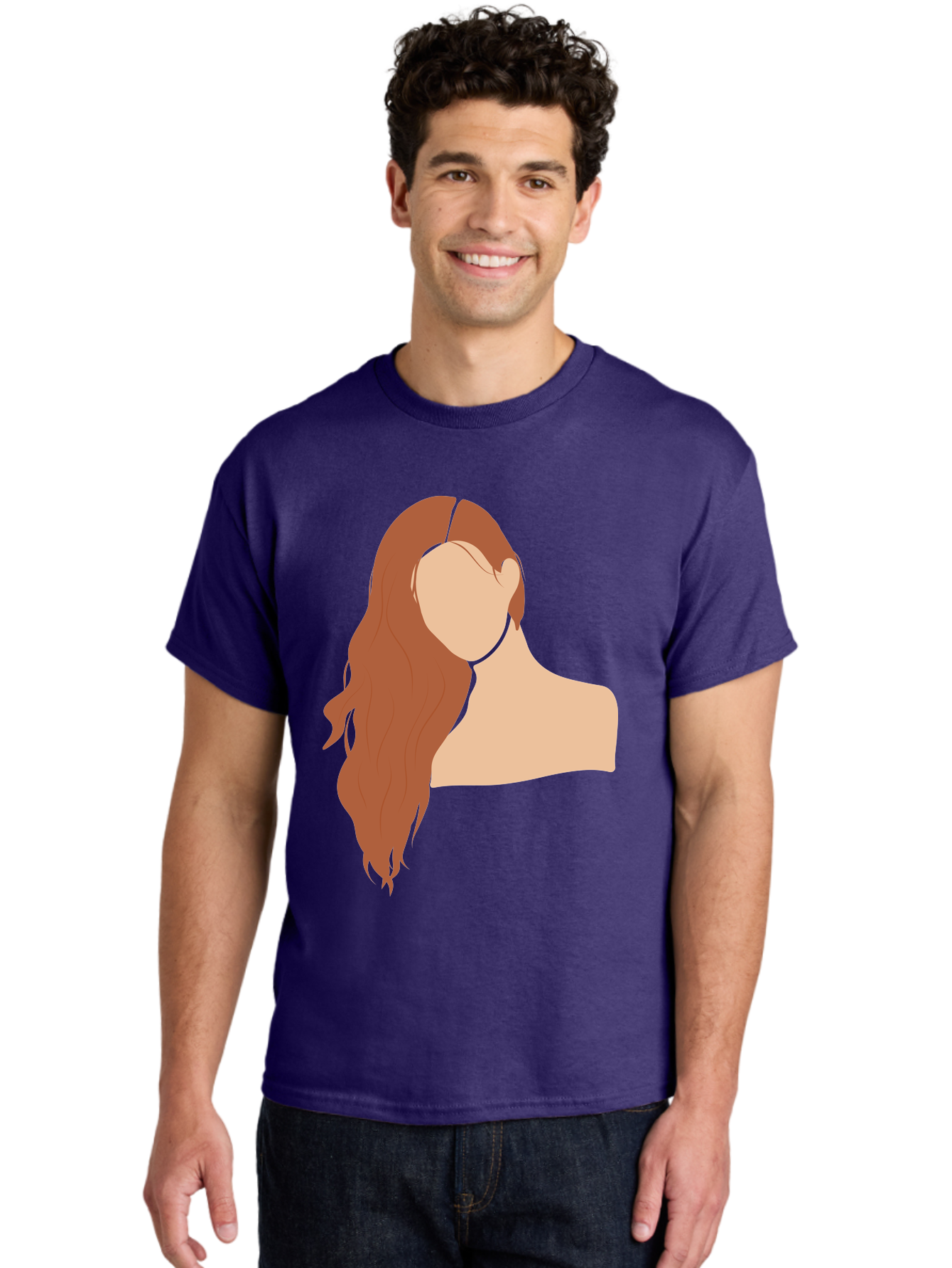 Woman-With-Long-Hair Men'S Graphic Tee, 100% Cotton, Comfortable Casual Summer Wear, Machine Washable, Woman With Long Hair, Red Hair, Shoulder-Length Locks, Faceless Portrait, Minimalist Art, Simple Shapes, Elegant Hairstyle, Aae081 12