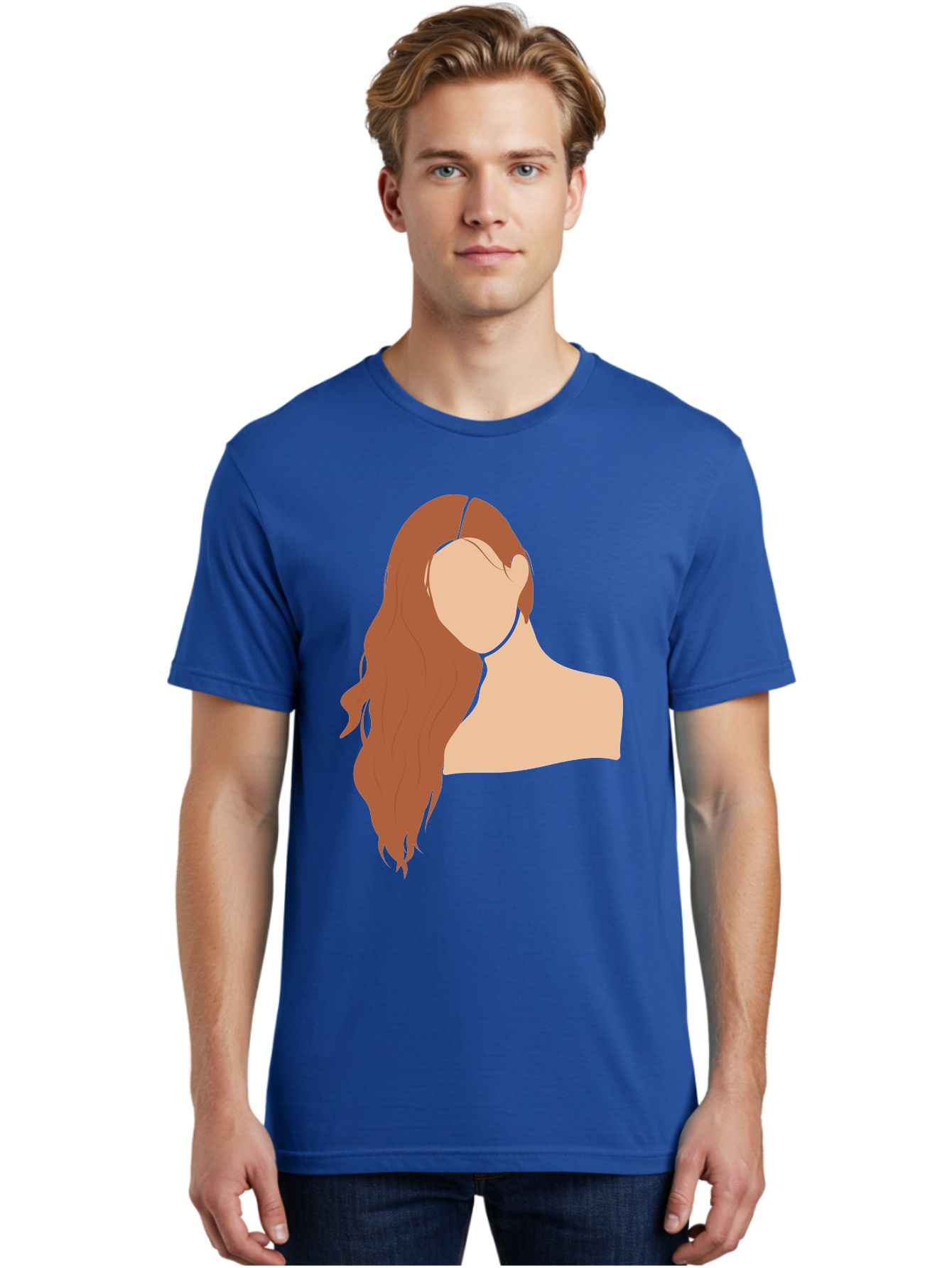 Woman-With-Long-Hair Men'S Graphic Tee, 100% Cotton, Comfortable Casual Summer Wear, Machine Washable, Woman With Long Hair, Red Hair, Shoulder-Length Locks, Faceless Portrait, Minimalist Art, Simple Shapes, Elegant Hairstyle, Aae081 24