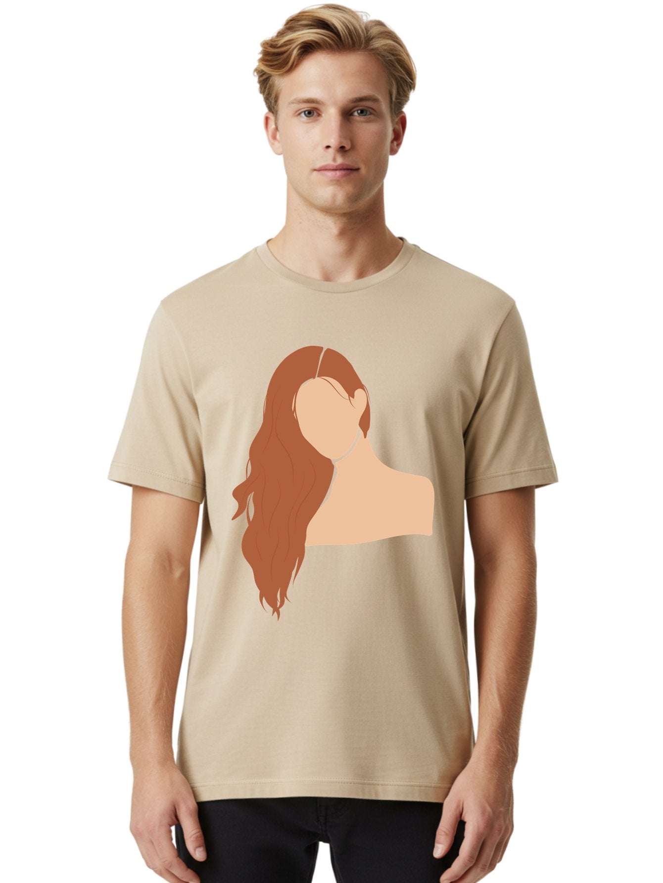Woman-With-Long-Hair Men'S Graphic Tee, 100% Cotton, Comfortable Casual Summer Wear, Machine Washable, Woman With Long Hair, Red Hair, Shoulder-Length Locks, Faceless Portrait, Minimalist Art, Simple Shapes, Elegant Hairstyle, Aae081 17