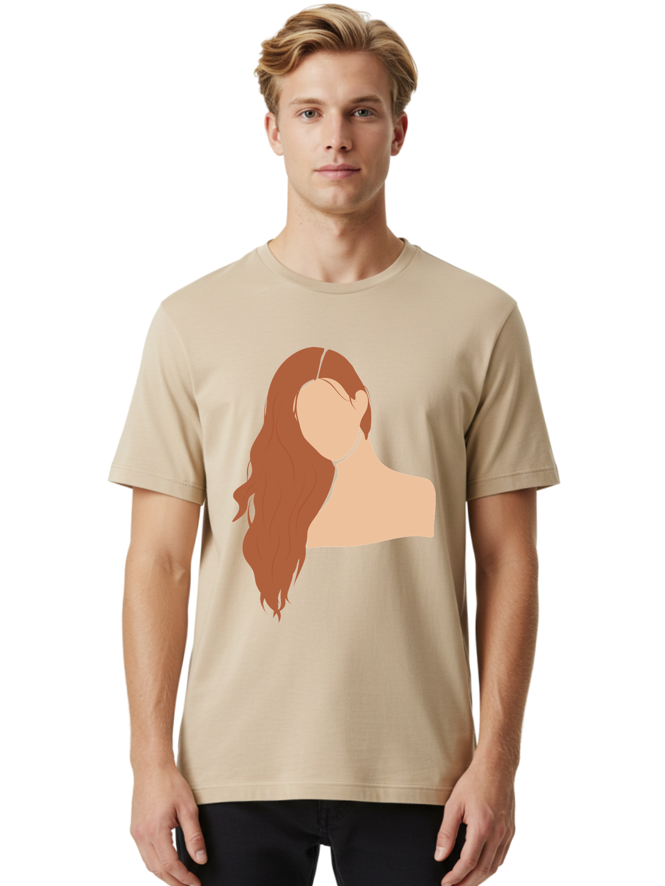 Woman-With-Long-Hair Men'S Graphic Tee, 100% Cotton, Comfortable Casual Summer Wear, Machine Washable, Woman With Long Hair, Red Hair, Shoulder-Length Locks, Faceless Portrait, Minimalist Art, Simple Shapes, Elegant Hairstyle, Aae081 28