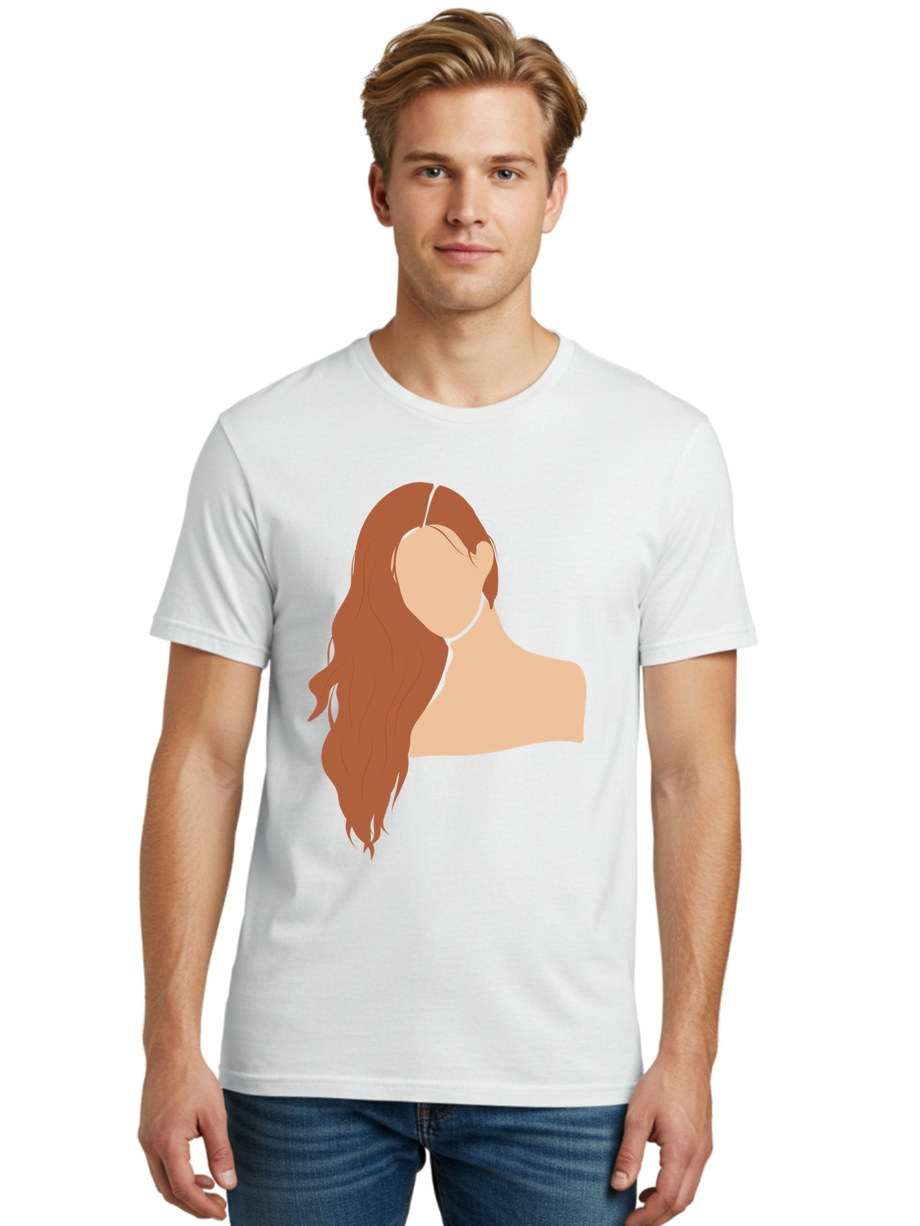 Woman-With-Long-Hair Men'S Graphic Tee, 100% Cotton, Comfortable Casual Summer Wear, Machine Washable, Woman With Long Hair, Red Hair, Shoulder-Length Locks, Faceless Portrait, Minimalist Art, Simple Shapes, Elegant Hairstyle, Aae081 30