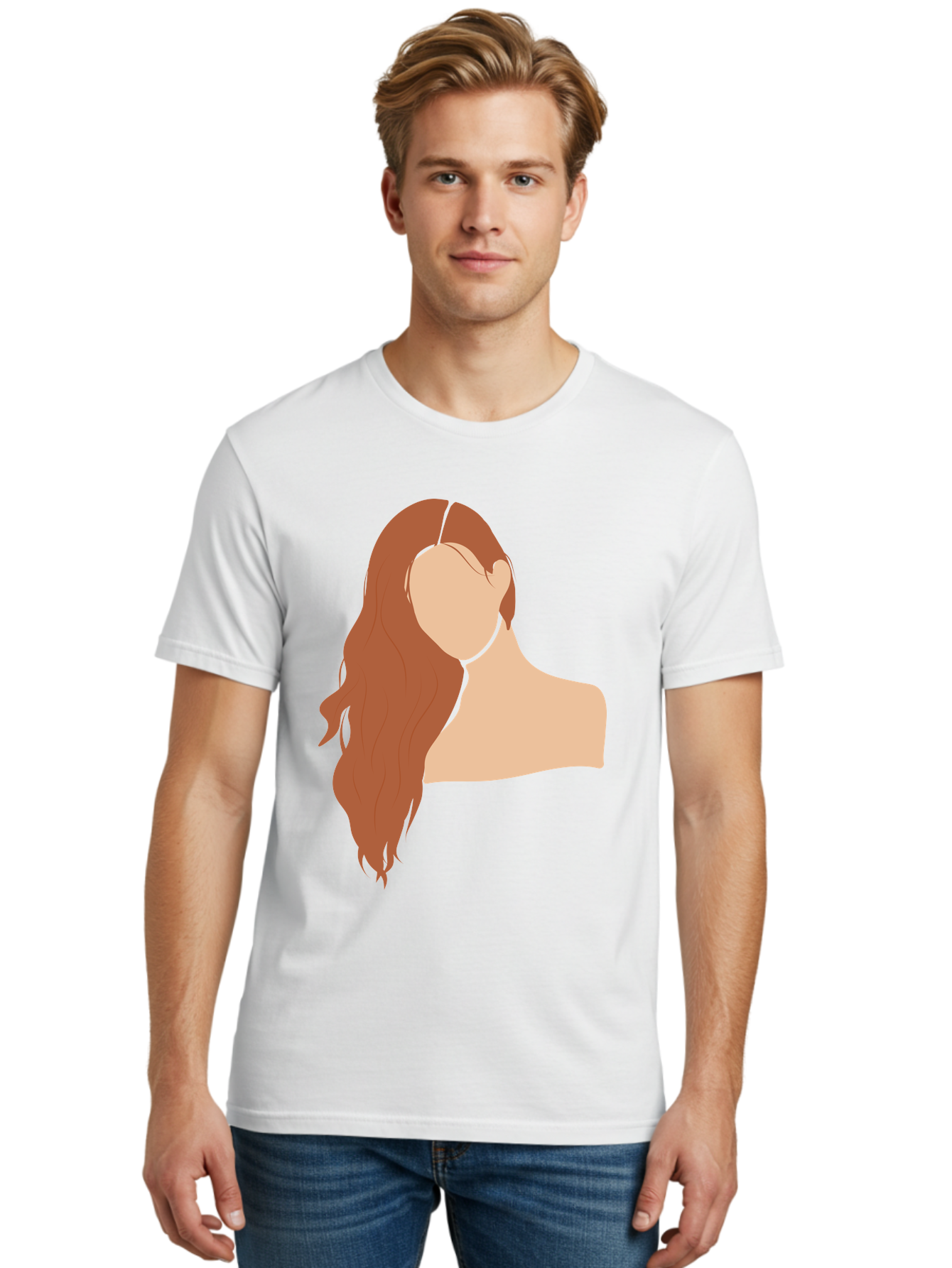 Woman-With-Long-Hair Men'S Graphic Tee, 100% Cotton, Comfortable Casual Summer Wear, Machine Washable, Woman With Long Hair, Red Hair, Shoulder-Length Locks, Faceless Portrait, Minimalist Art, Simple Shapes, Elegant Hairstyle, Aae081
