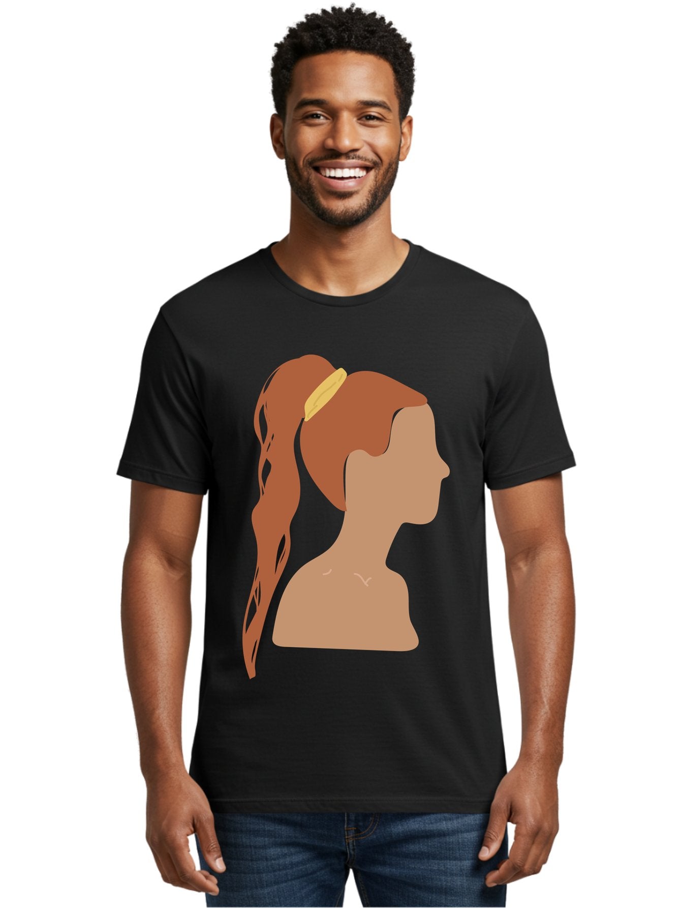 Woman-With-Pigtail Men'S Graphic Tee, 100% Cotton, Comfortable Casual Summer Wear, Machine Washable, Girl Profile, Pigtail Hairstyle, Yellow Hairband, Simple Illustration, Minimalist Design, Elegant Look, Simple Shapes, Cartoon-Style, Aae082 20