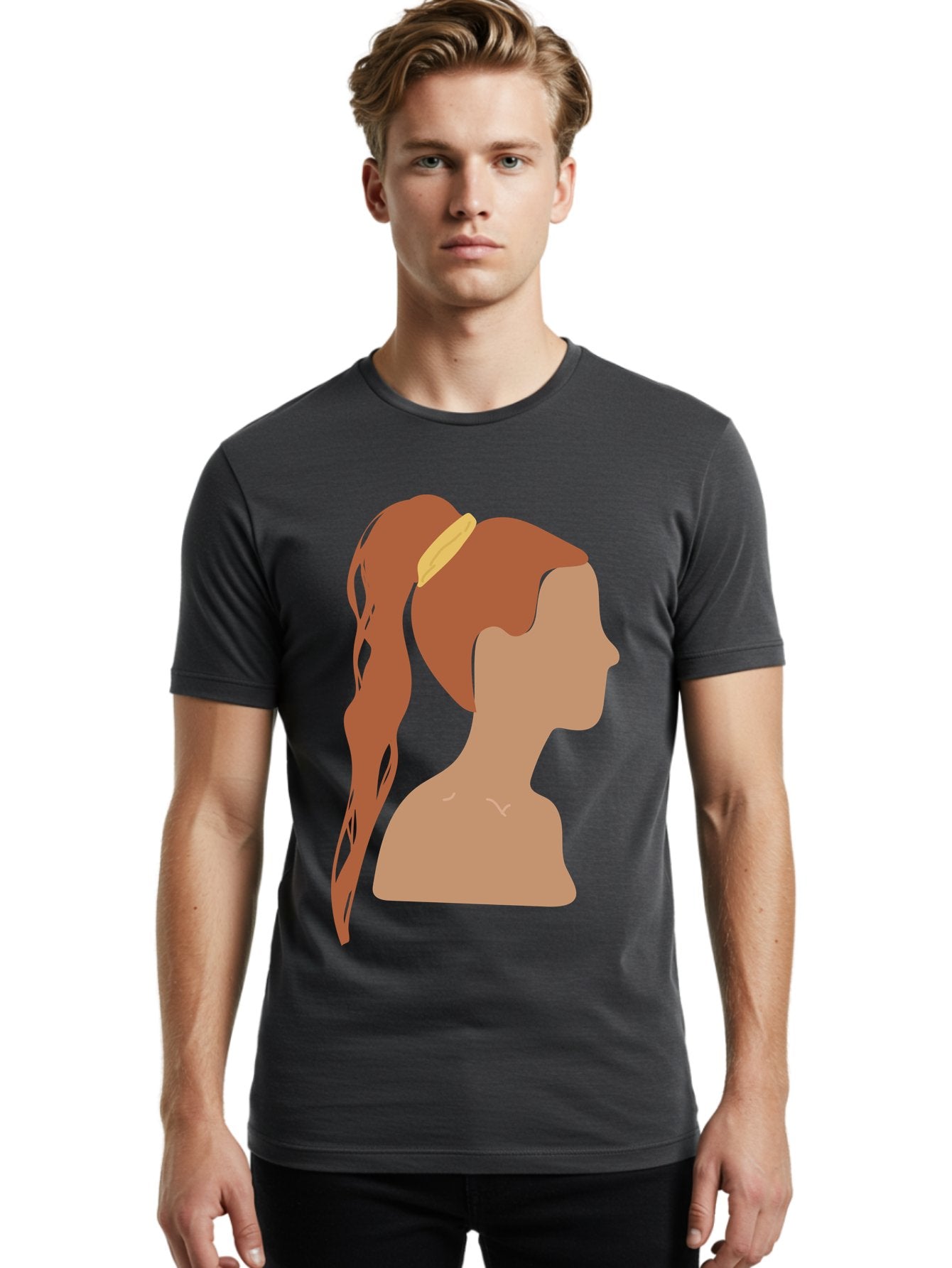 Woman-With-Pigtail Men'S Graphic Tee, 100% Cotton, Comfortable Casual Summer Wear, Machine Washable, Girl Profile, Pigtail Hairstyle, Yellow Hairband, Simple Illustration, Minimalist Design, Elegant Look, Simple Shapes, Cartoon-Style, Aae082 22