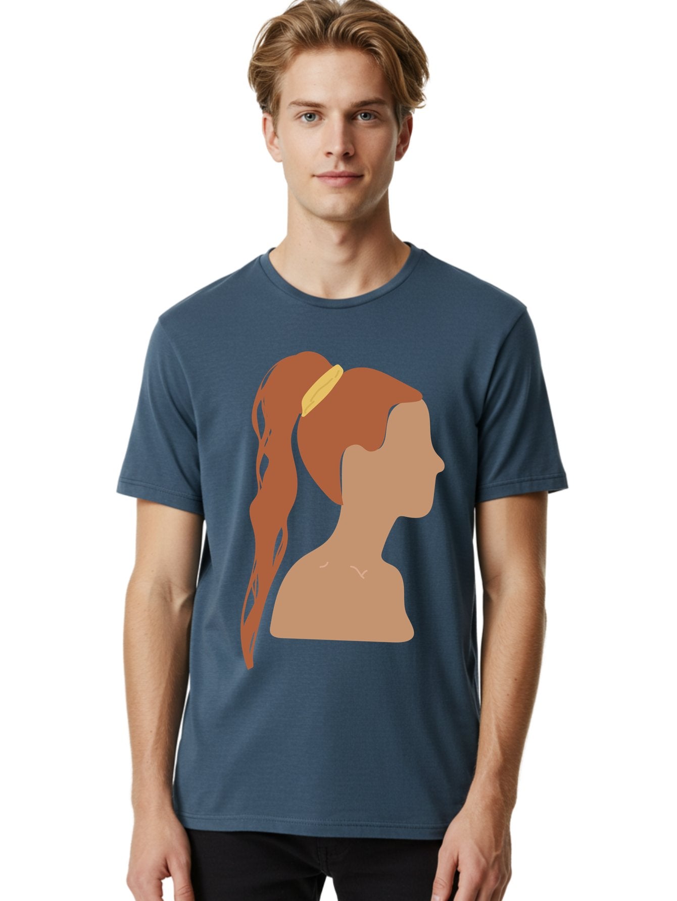 Woman-With-Pigtail Men'S Graphic Tee, 100% Cotton, Comfortable Casual Summer Wear, Machine Washable, Girl Profile, Pigtail Hairstyle, Yellow Hairband, Simple Illustration, Minimalist Design, Elegant Look, Simple Shapes, Cartoon-Style, Aae082 19