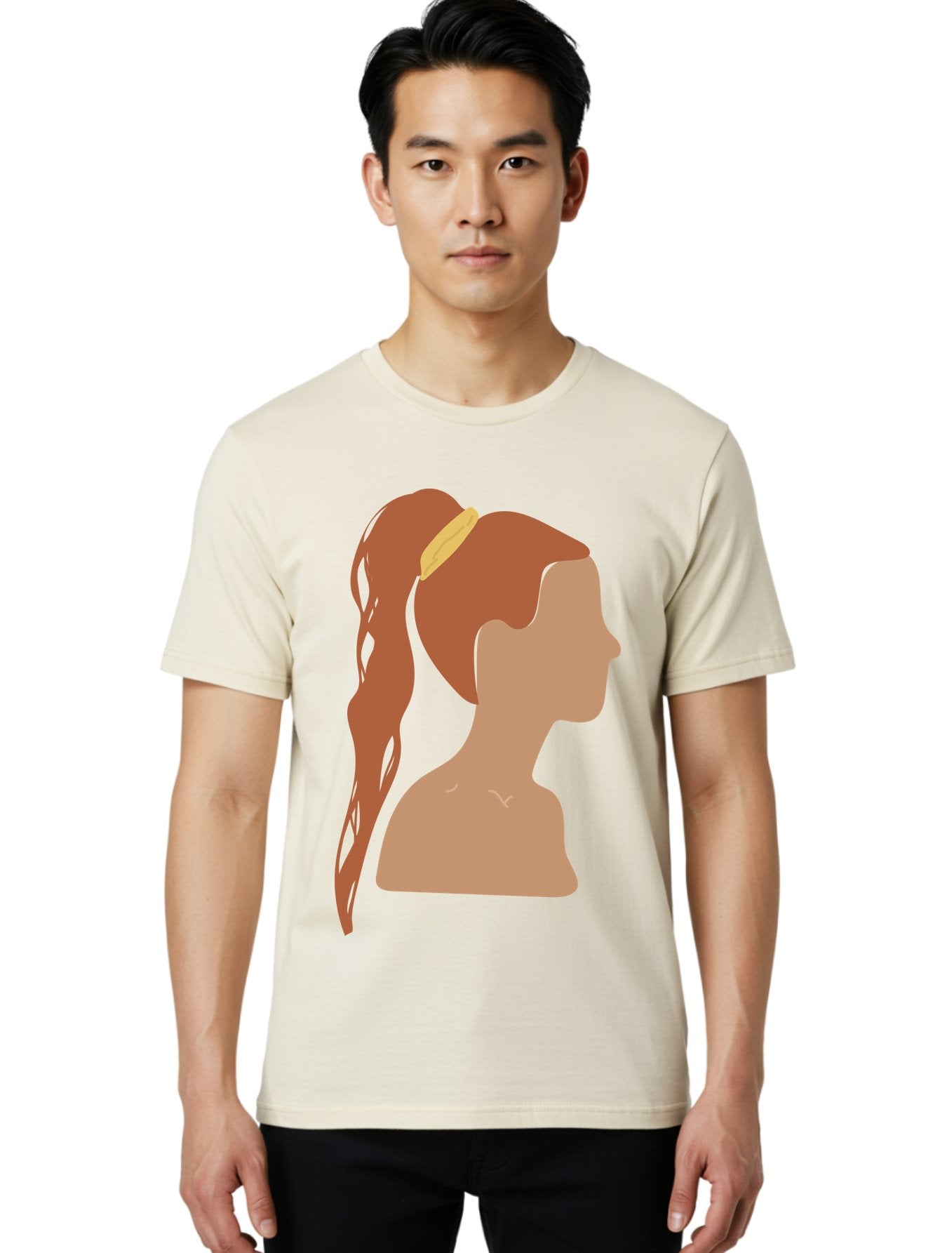 Woman-With-Pigtail Men'S Graphic Tee, 100% Cotton, Comfortable Casual Summer Wear, Machine Washable, Girl Profile, Pigtail Hairstyle, Yellow Hairband, Simple Illustration, Minimalist Design, Elegant Look, Simple Shapes, Cartoon-Style, Aae082 25