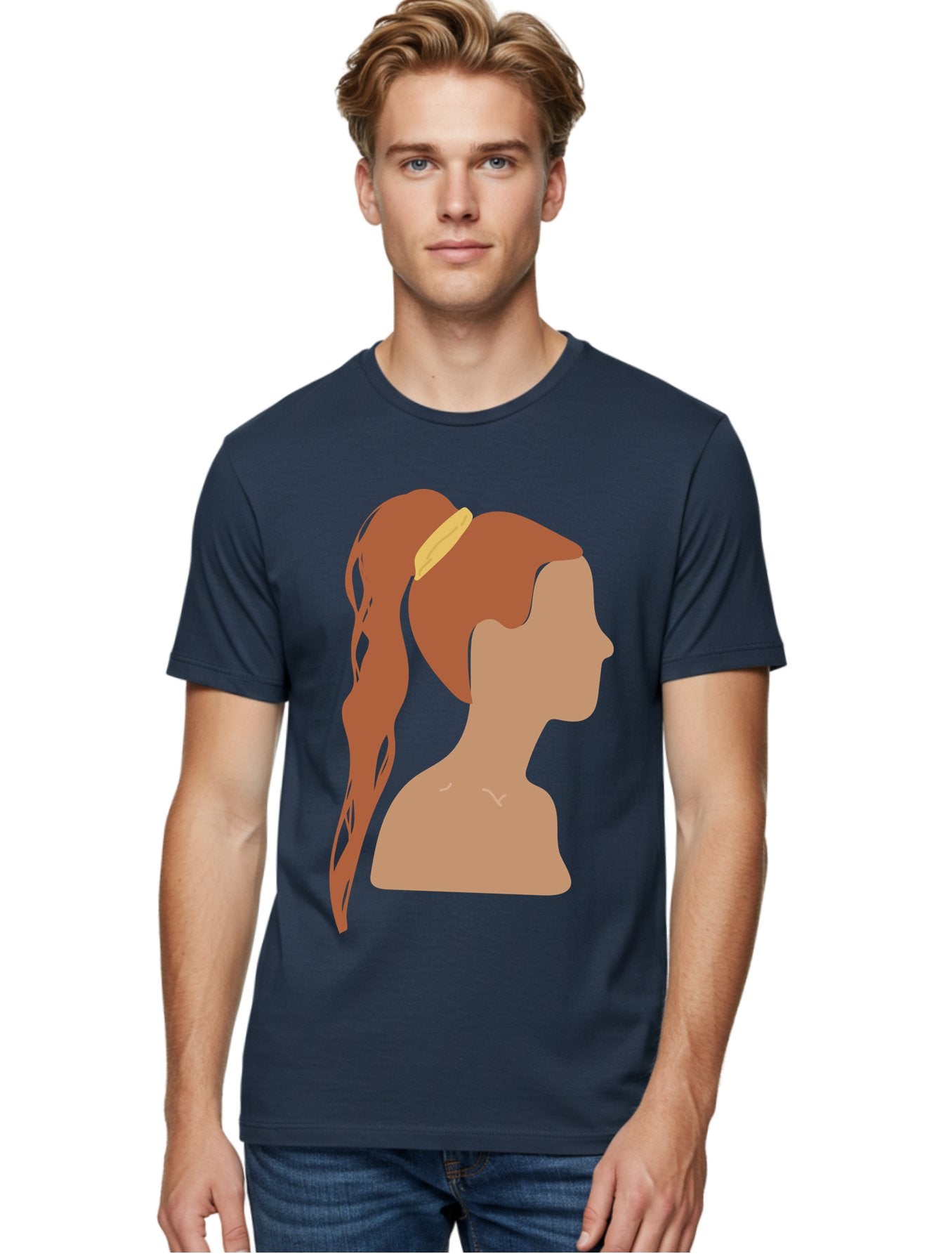 Woman-With-Pigtail Men'S Graphic Tee, 100% Cotton, Comfortable Casual Summer Wear, Machine Washable, Girl Profile, Pigtail Hairstyle, Yellow Hairband, Simple Illustration, Minimalist Design, Elegant Look, Simple Shapes, Cartoon-Style, Aae082 29