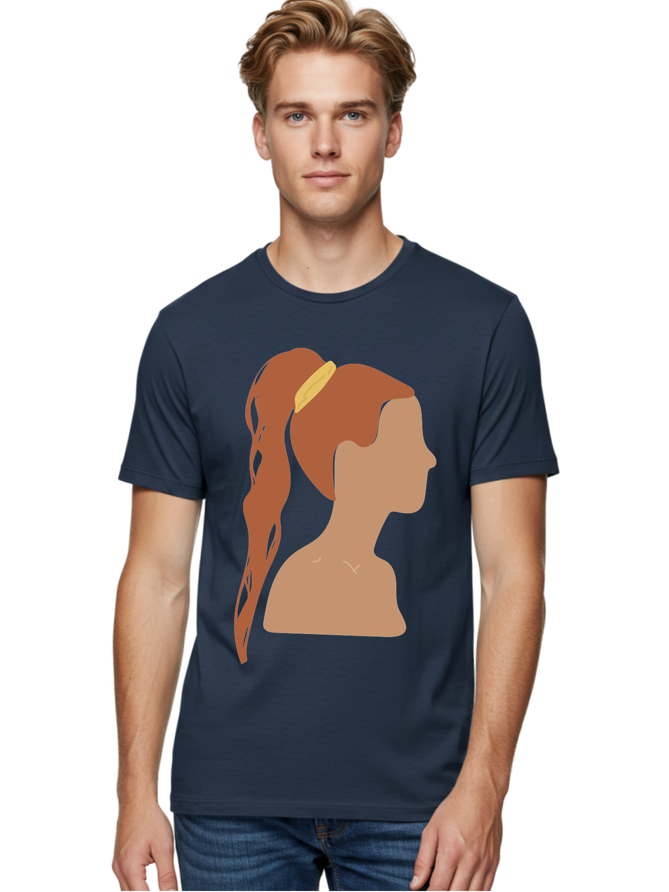 Woman-With-Pigtail Men'S Graphic Tee, 100% Cotton, Comfortable Casual Summer Wear, Machine Washable, Girl Profile, Pigtail Hairstyle, Yellow Hairband, Simple Illustration, Minimalist Design, Elegant Look, Simple Shapes, Cartoon-Style, Aae082 4