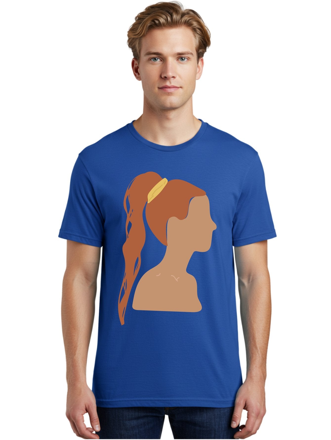 Woman-With-Pigtail Men'S Graphic Tee, 100% Cotton, Comfortable Casual Summer Wear, Machine Washable, Girl Profile, Pigtail Hairstyle, Yellow Hairband, Simple Illustration, Minimalist Design, Elegant Look, Simple Shapes, Cartoon-Style, Aae082 23