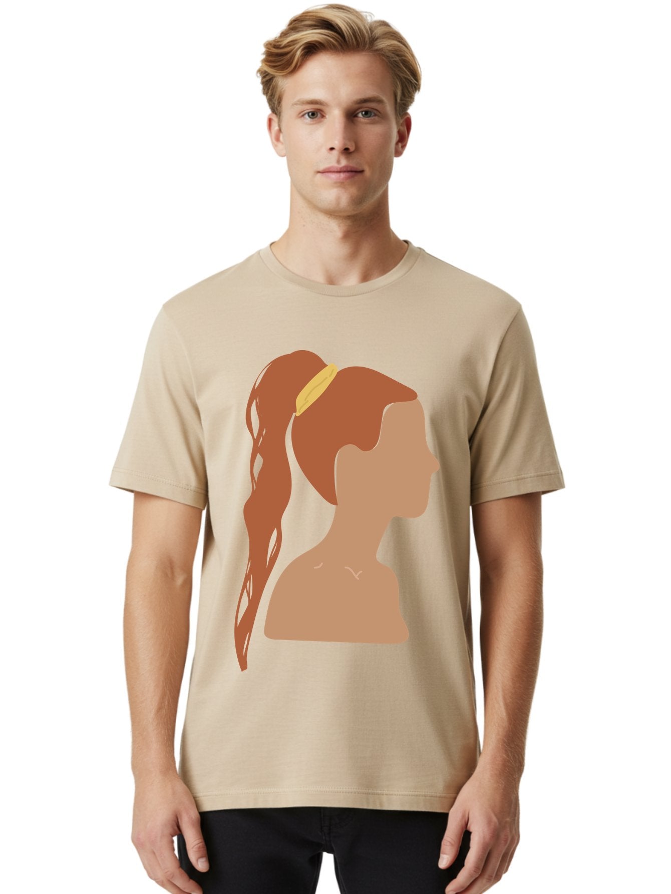Woman-With-Pigtail Men'S Graphic Tee, 100% Cotton, Comfortable Casual Summer Wear, Machine Washable, Girl Profile, Pigtail Hairstyle, Yellow Hairband, Simple Illustration, Minimalist Design, Elegant Look, Simple Shapes, Cartoon-Style, Aae082 18