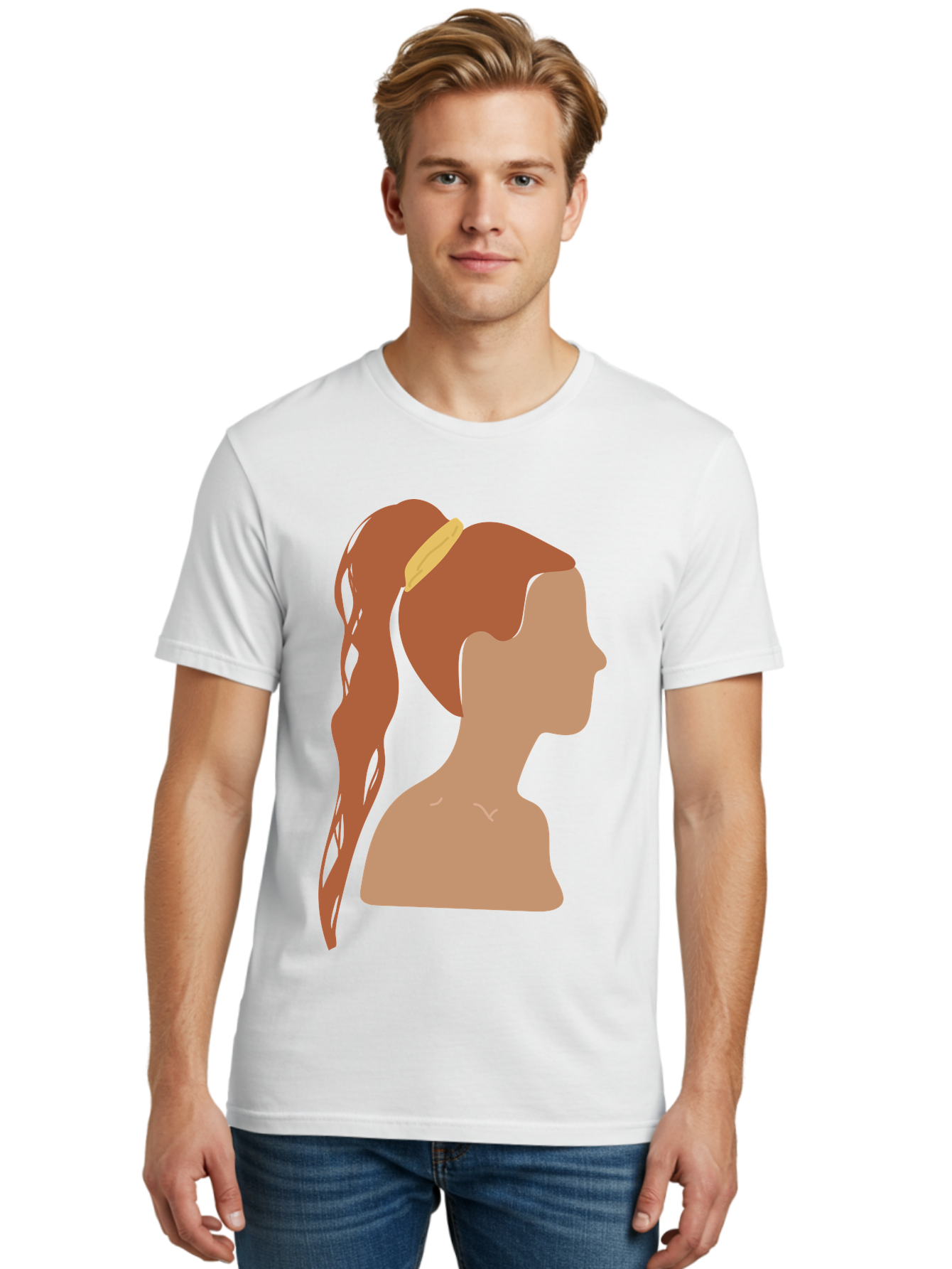 Woman-With-Pigtail Men'S Graphic Tee, 100% Cotton, Comfortable Casual Summer Wear, Machine Washable, Girl Profile, Pigtail Hairstyle, Yellow Hairband, Simple Illustration, Minimalist Design, Elegant Look, Simple Shapes, Cartoon-Style, Aae082 26